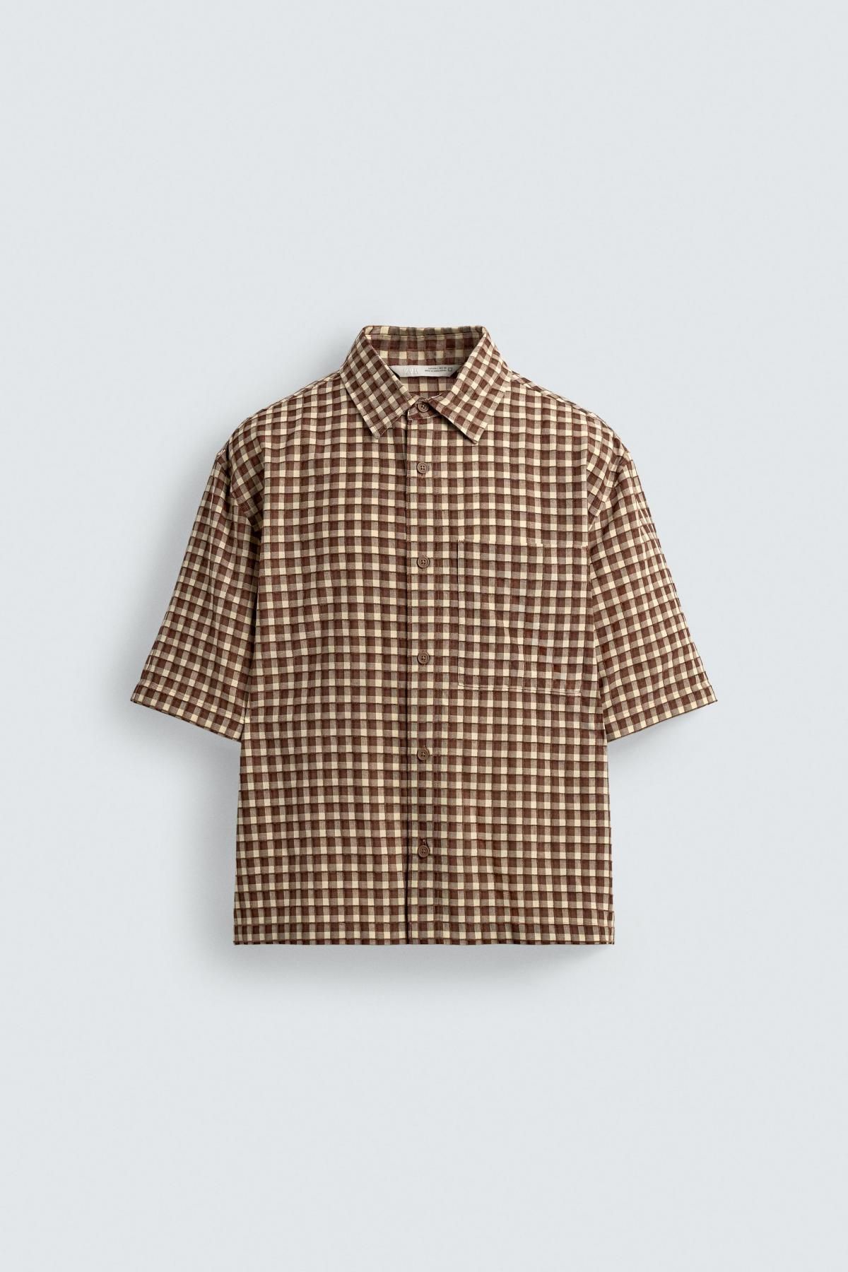 자라 체크 텍스처 오버핏 반팔 셔츠 1195/350 ECRU / BROWN - 메인 이미지