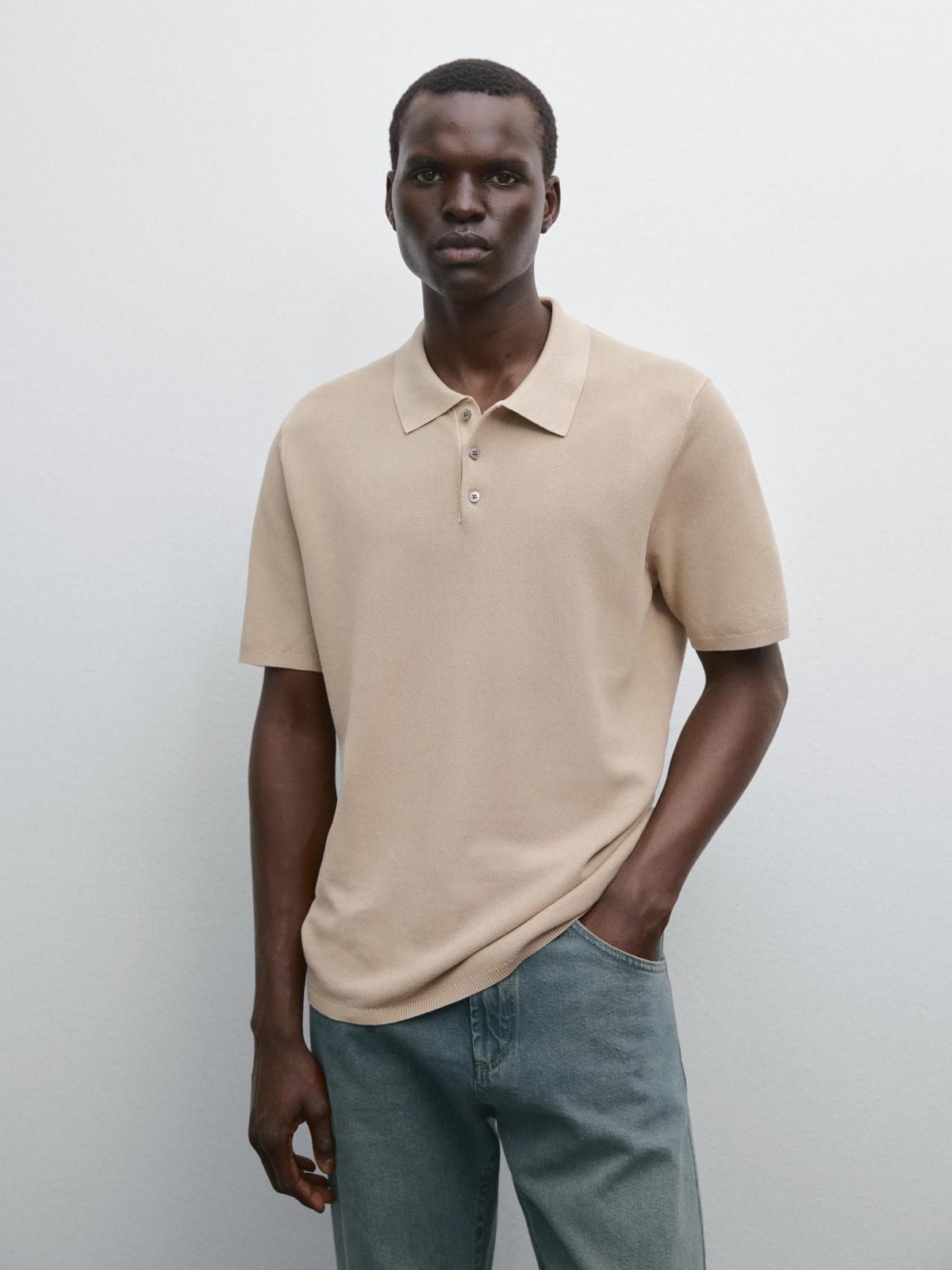 마시모두띠 베이직 100 코튼 니트 폴로 반팔셔츠 0931/388 PALE KHAKI - 상품 이미지