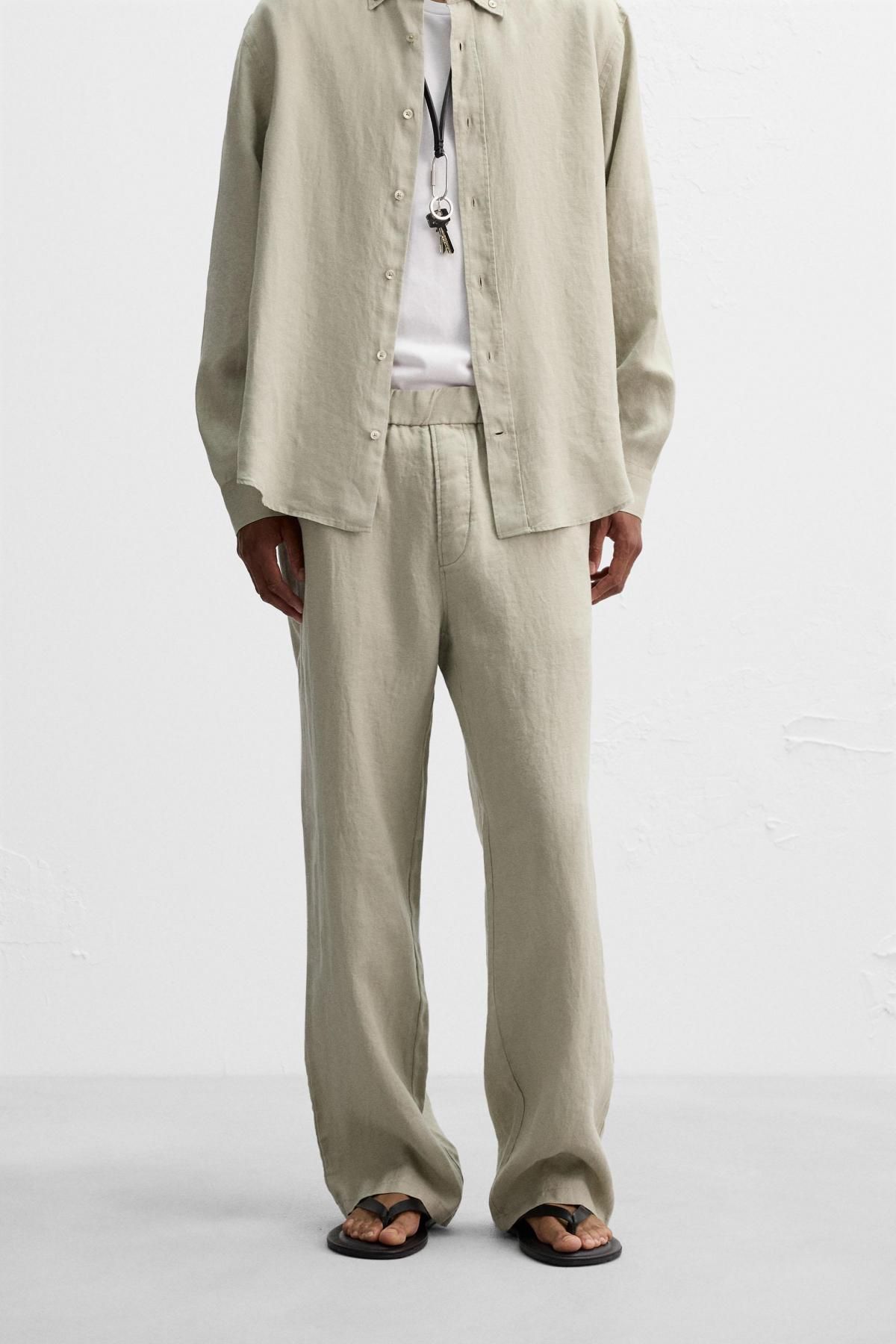 자라 프리미엄 린넨 와이드 밴딩 팬츠 4331/181 LIGHT BEIGE - 메인 이미지