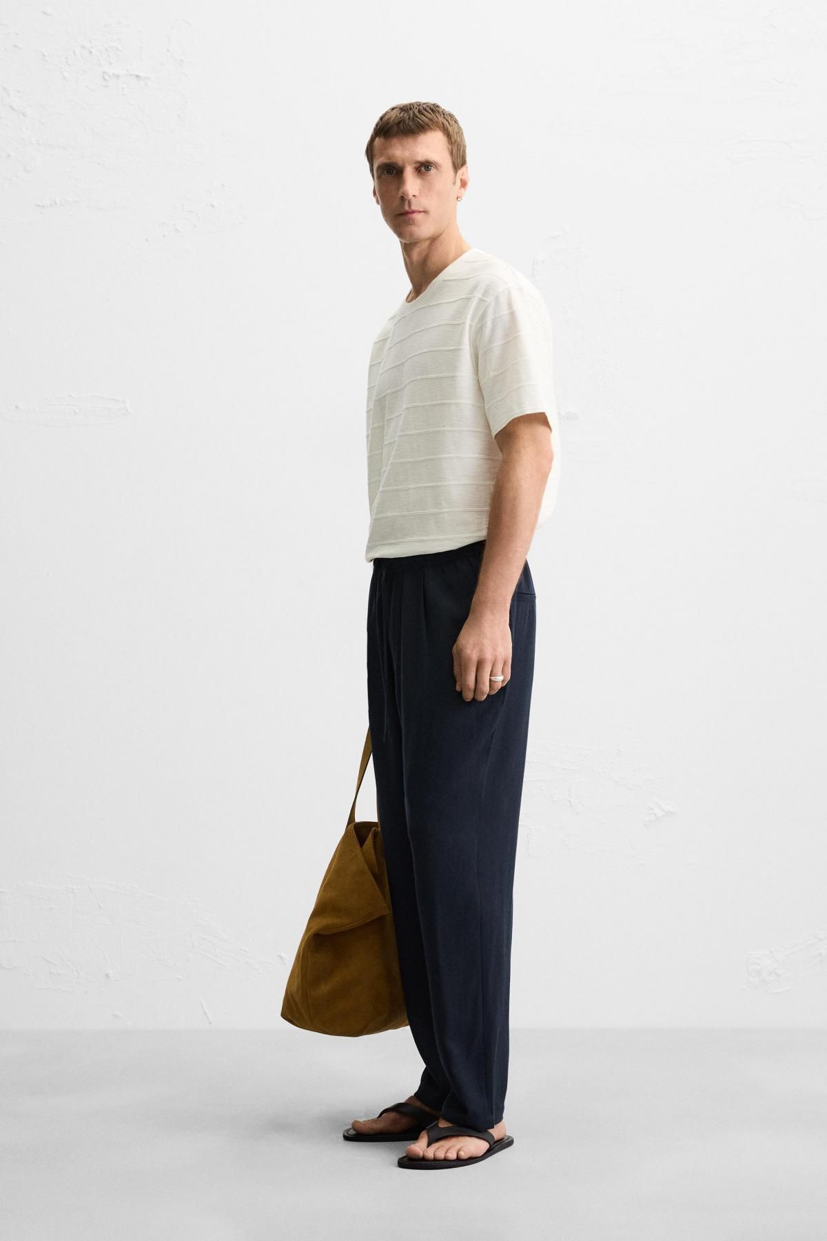 자라 스트라이프 텍스처 레귤러핏 코튼 반팔 티셔츠 9240/300 OYSTER-WHITE - 상세 이미지 5