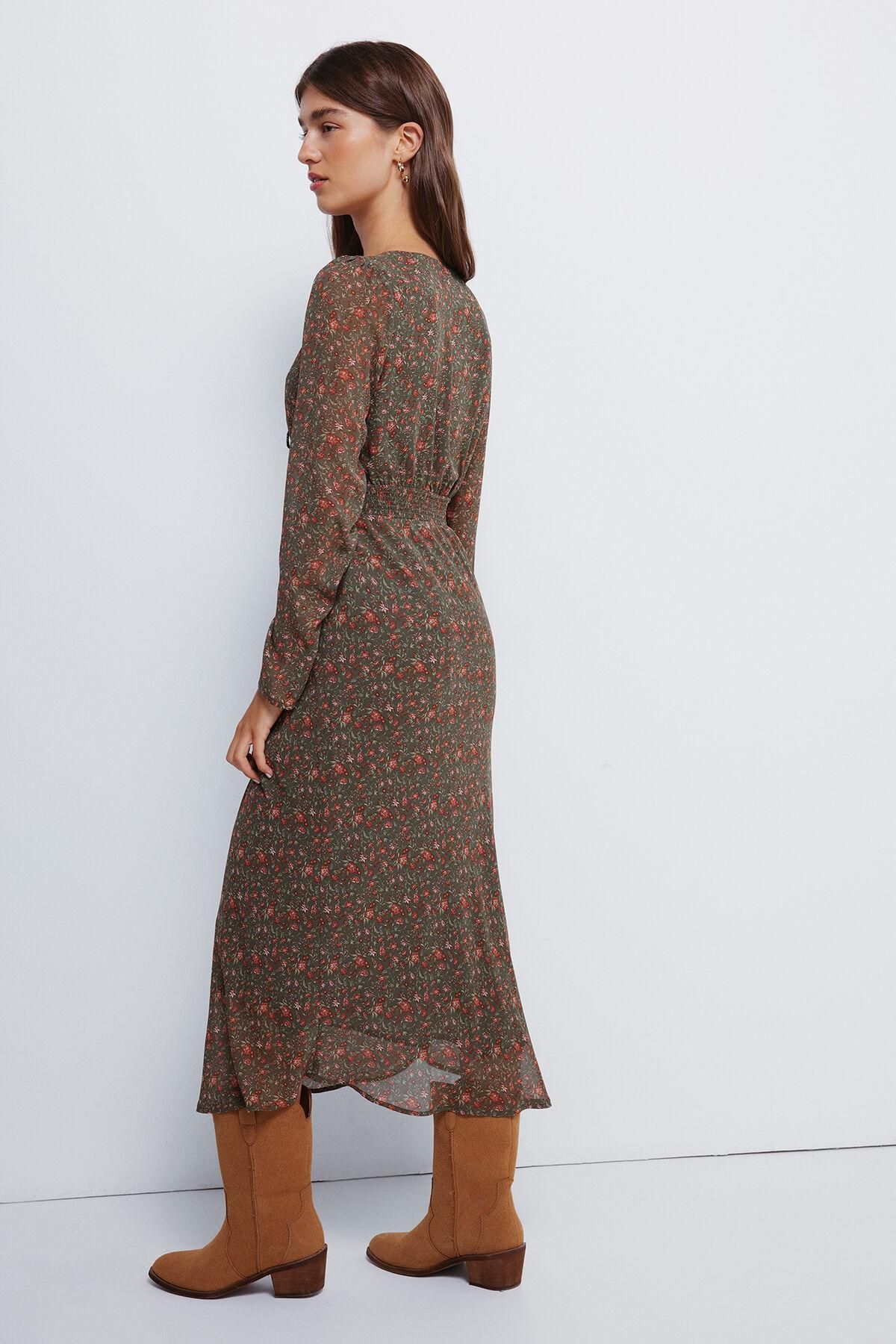 스프링필드 플로럴 브이넥 리본 긴팔 미디 원피스 7952300 KAKI - 상세 이미지 4