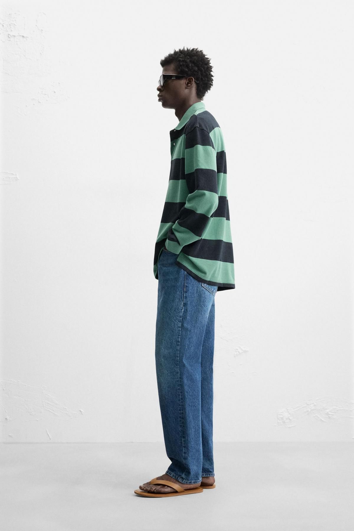 자라 스트라이프 워시드 테크니컬 긴팔 폴로셔츠 4092/313 GREEN / BLUE - 상세 이미지 5