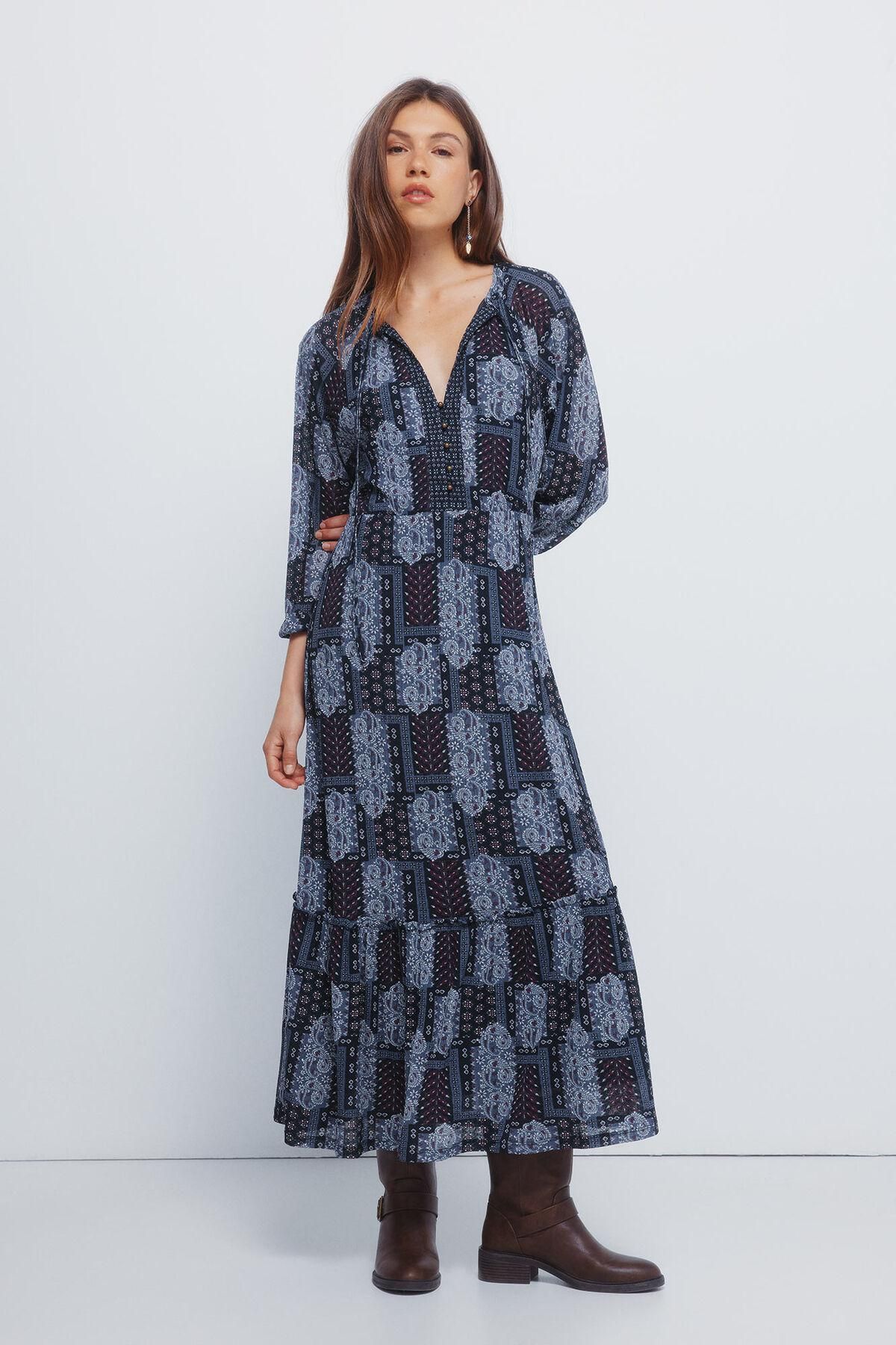 스프링필드 보헤미안 프린트 버튼 롱 원피스 8952091 AZUL - 상품 이미지