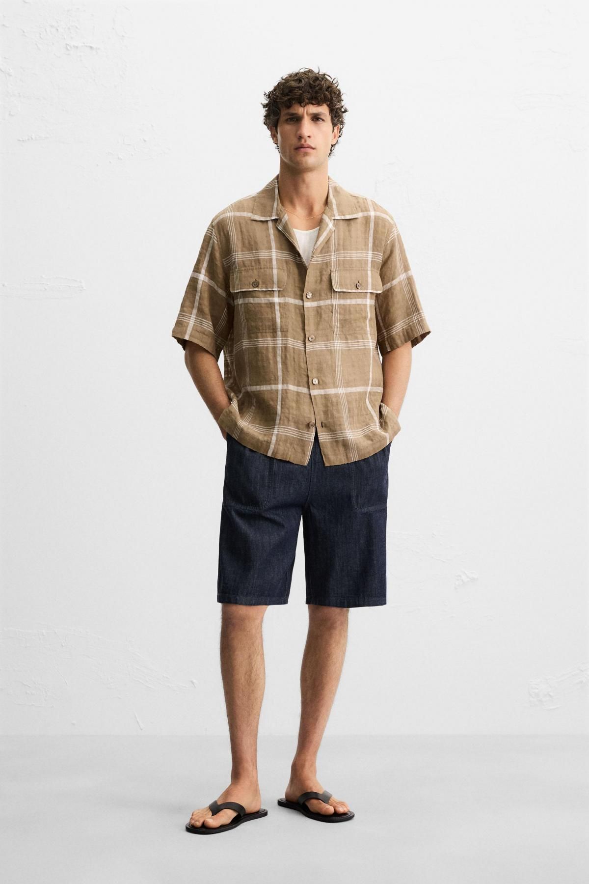 자라 체크 린넨 코튼 반팔 셔츠 5781/034 BROWN - 상세 이미지 2
