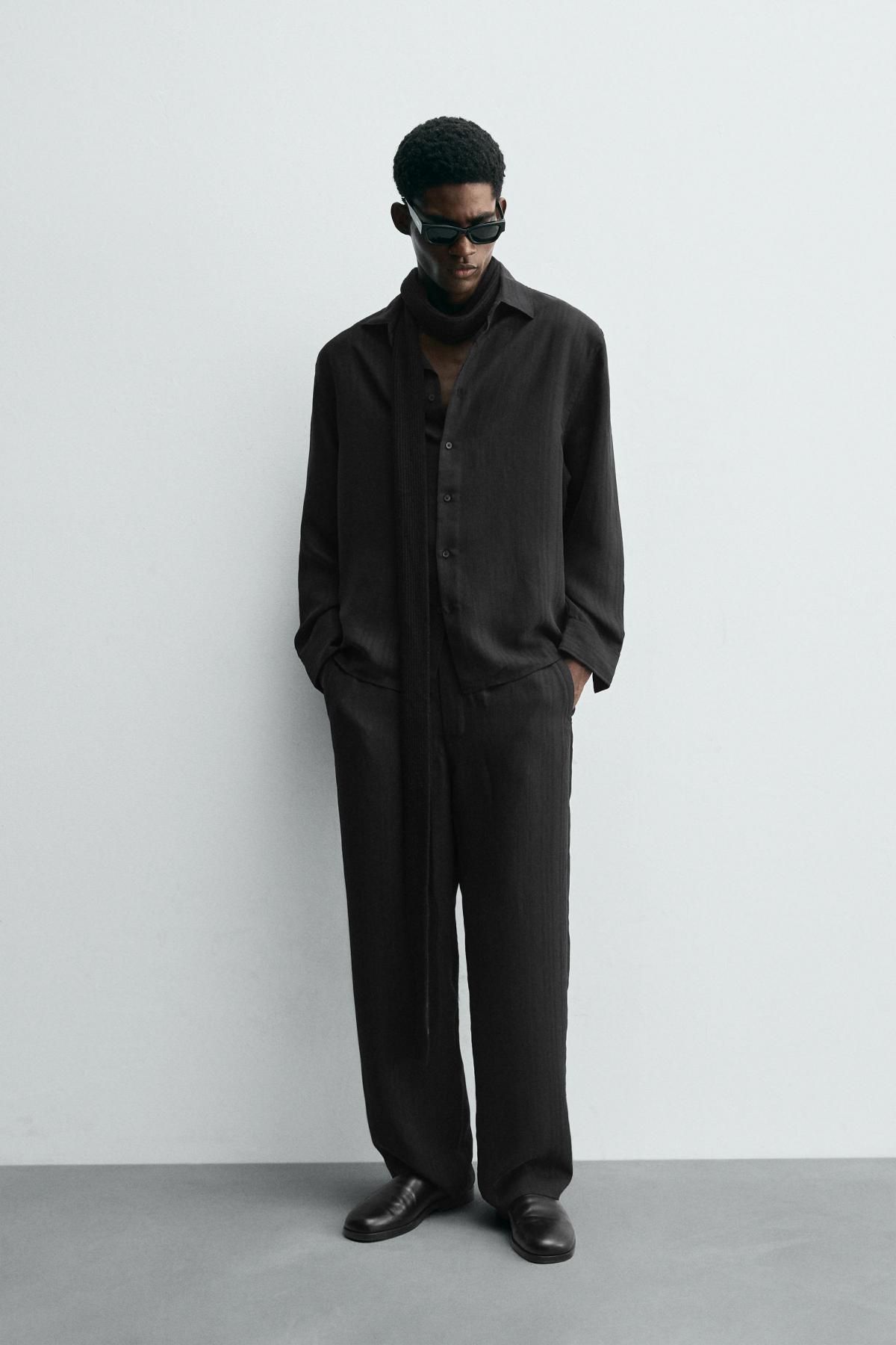 자라 모던 스트라이프 자카드 와이드 슬랙스 팬츠 0794/121 BLACK - 상세 이미지 2