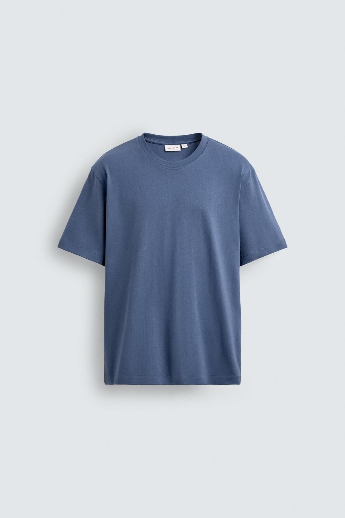 자라 블루 헤비웨이트 컴팩트 코튼 레귤러핏 반팔 티셔츠 0761/323 PETROL BLUE - 메인 이미지