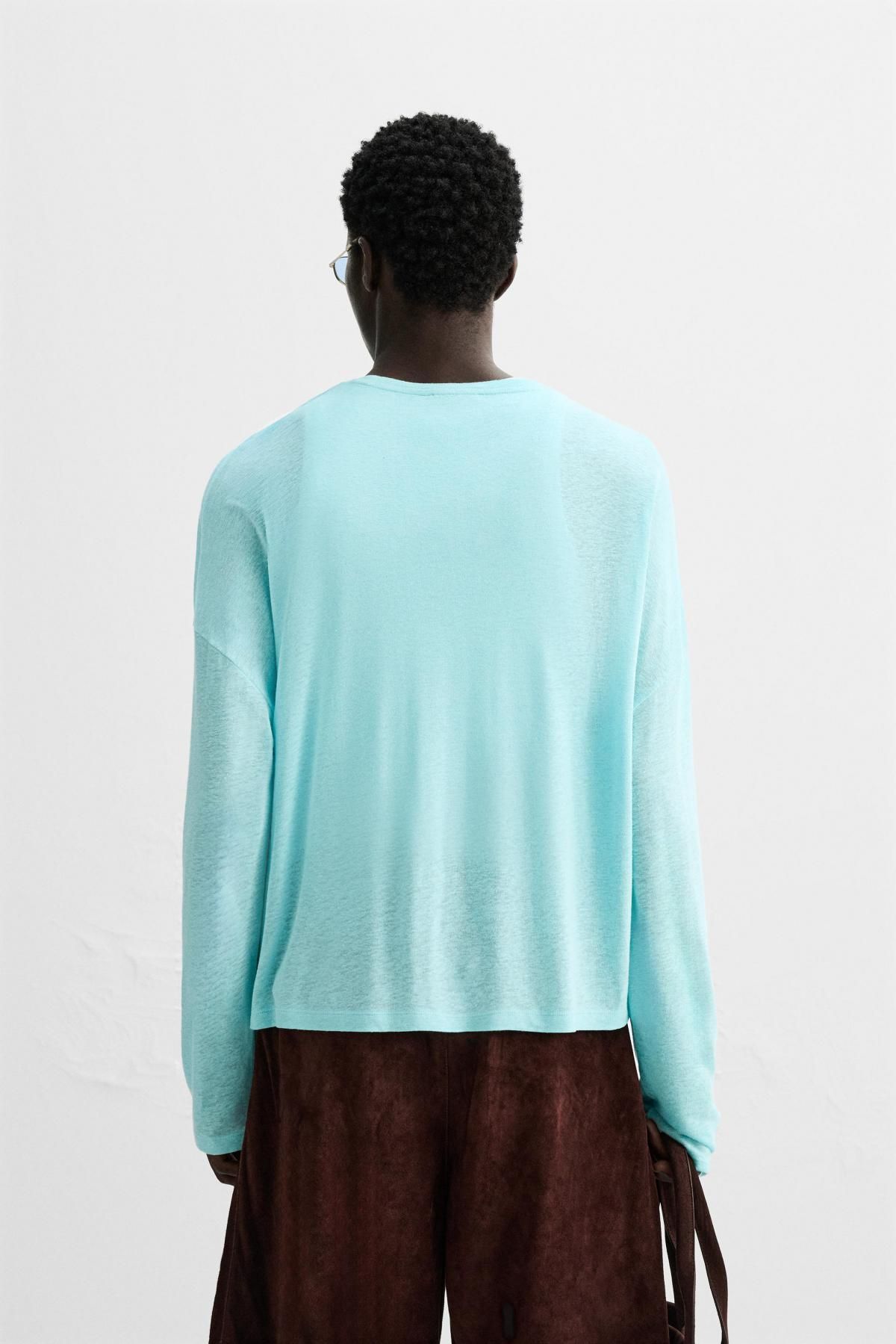 자라 라이트블루 릴렉스핏 비스코스 리넨 긴팔 티셔츠 5584/300 TURQUOISE - 상세 이미지 4