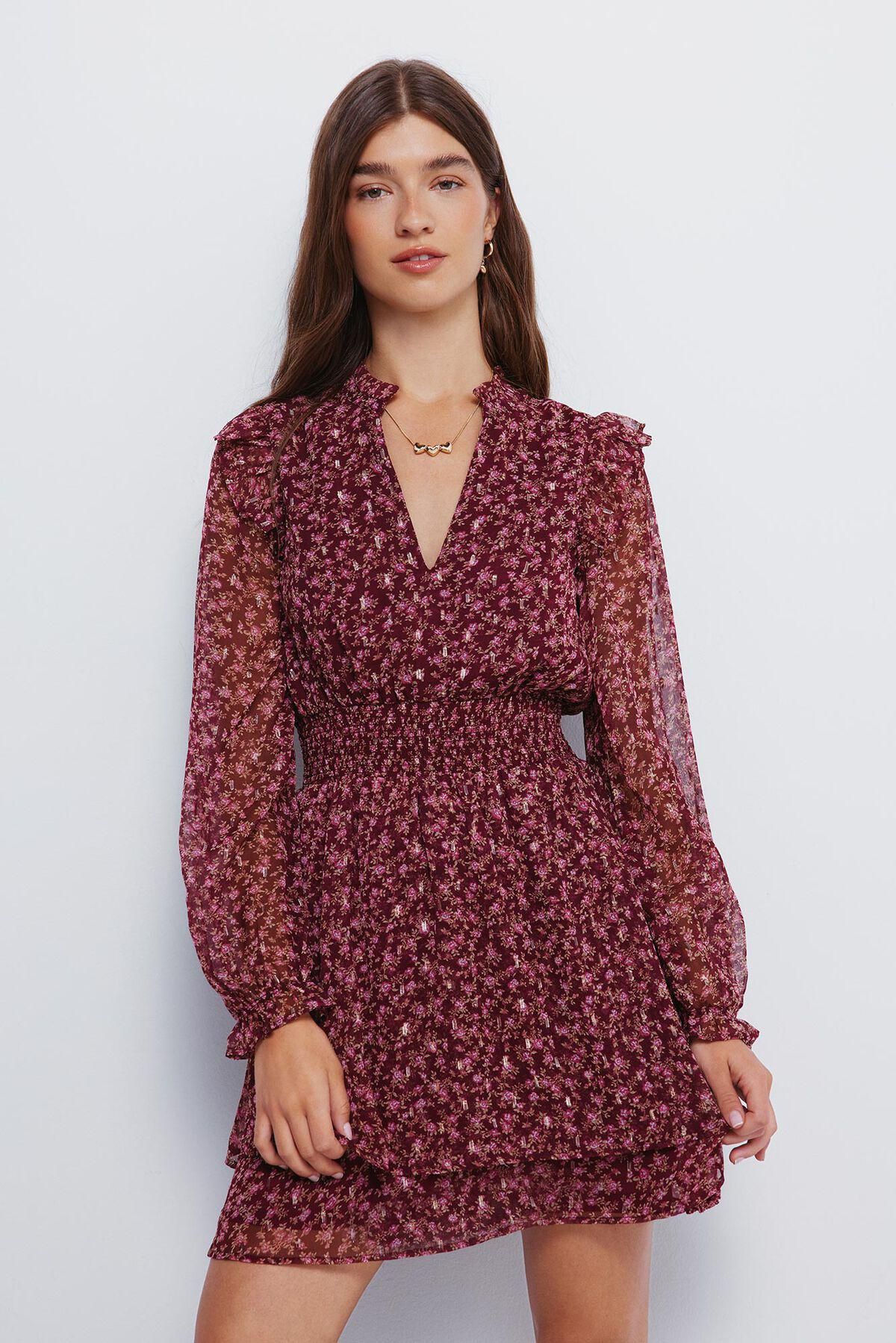 스프링필드 플로럴 러플 브이넥 쉬폰 미니 원피스 7952301 NARANJA - 상품 이미지