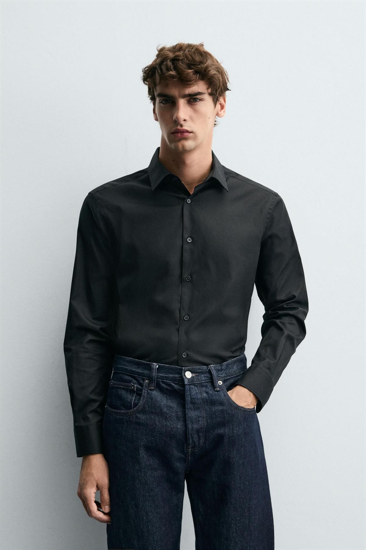 자라 텍스처 레귤러핏 코튼 블랙 긴팔 셔츠 5588/320 BLACK - 상세 이미지 3