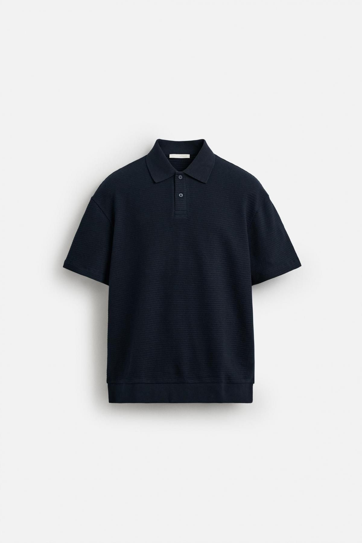 자라 미니멀 자카드 텍스처 반팔 폴로셔츠 4442/400 NAVY BLUE - 메인 이미지