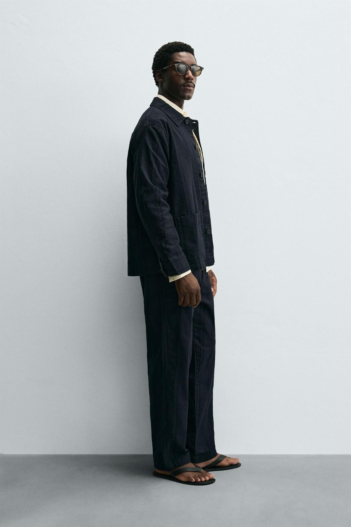 자라 스트라이프 자카드 와이드 코튼 팬츠 7147/350 NAVY BLUE - 상세 이미지 4