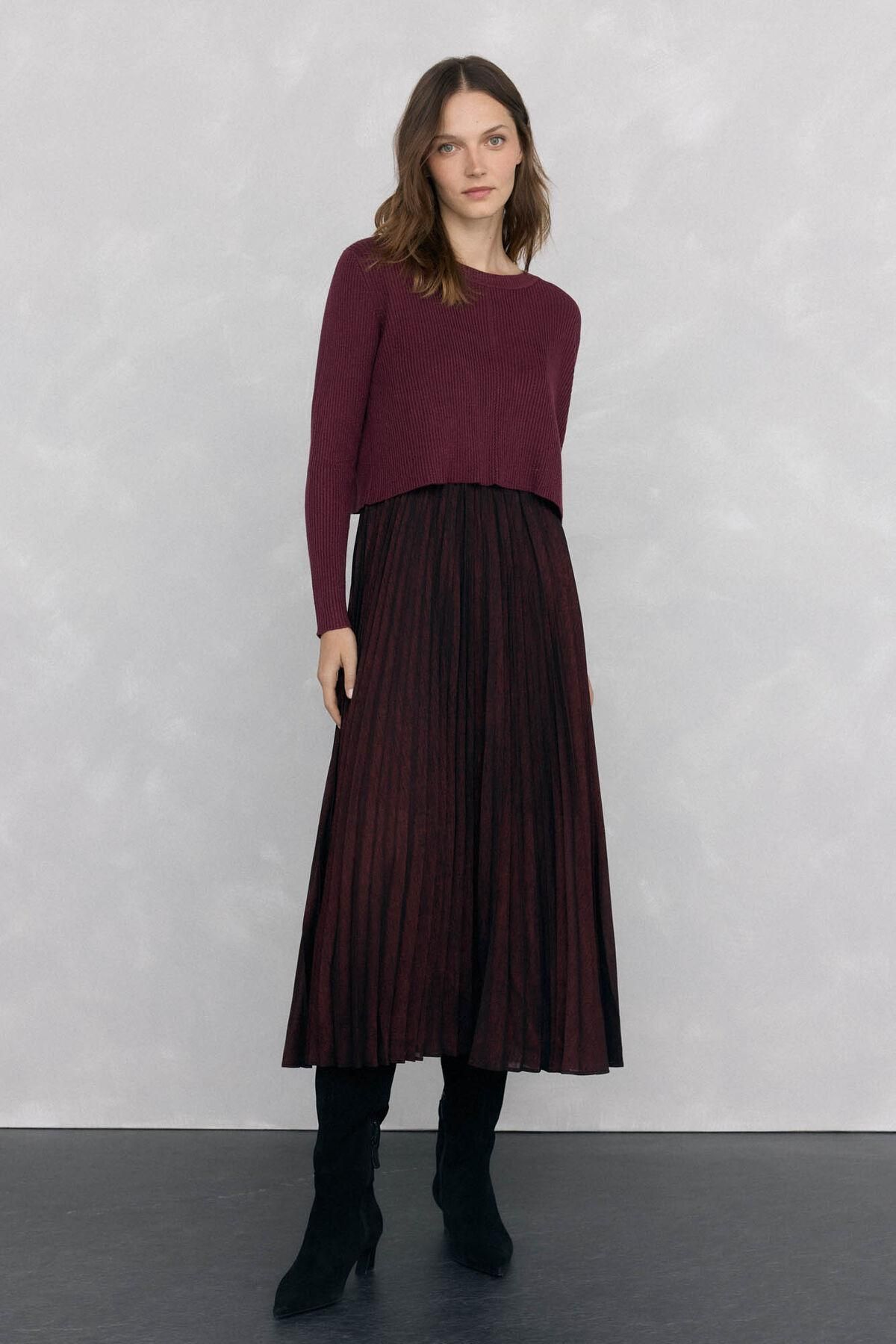 페드로 델 이에로 글리터 플리츠 콤비 롱 원피스 루렉스 6192944 BURDEOS - 상품 이미지