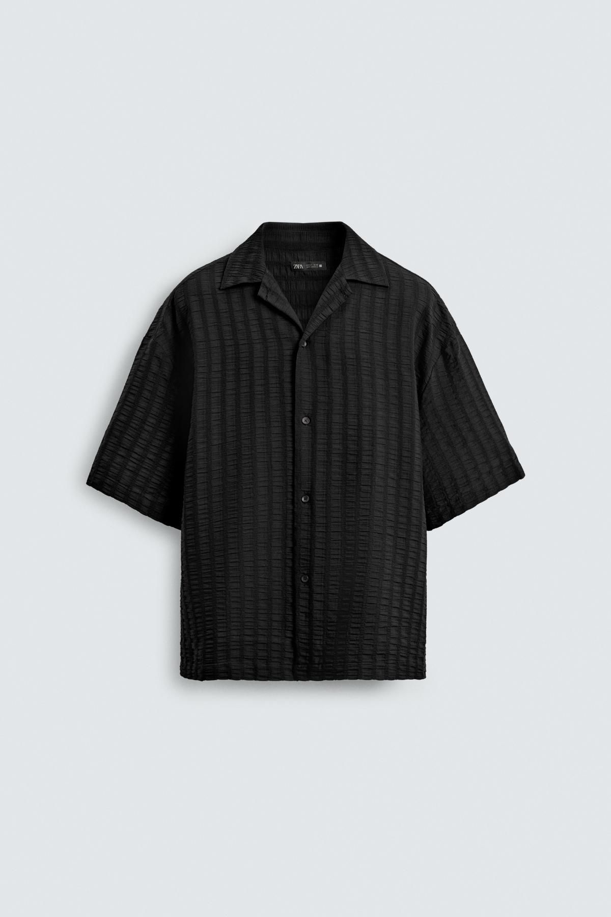 자라 텍스처 오버핏 캠프카라 반팔 셔츠 블랙 9282/661 BLACK - 메인 이미지