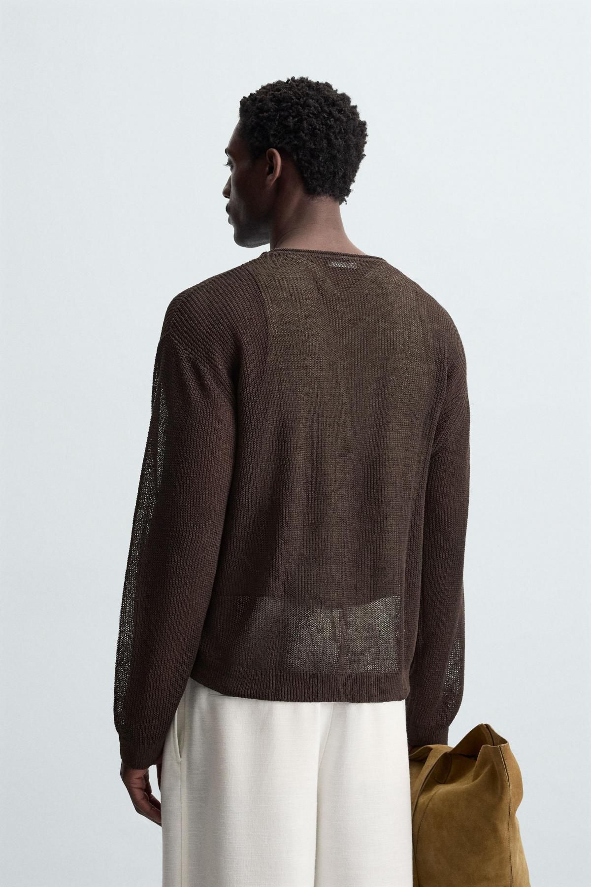 자라 리넨 블렌드 텍스처드 라운드 니트 스웨터 9598/302 BROWN - 상세 이미지 4