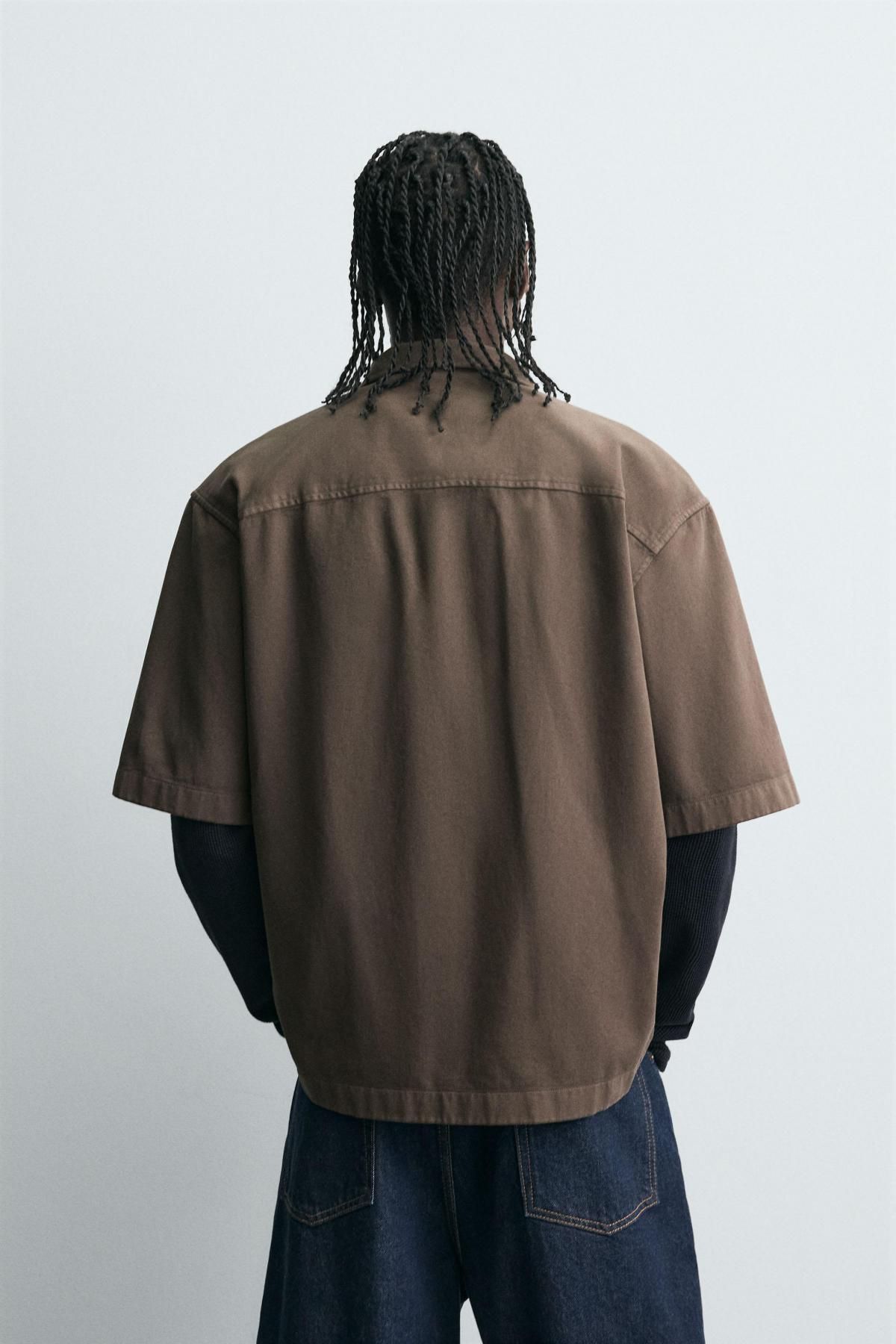 자라 테크니컬 브라운 자수 텍스처 반팔 오버셔츠 0399/310 BROWN - 상세 이미지 4