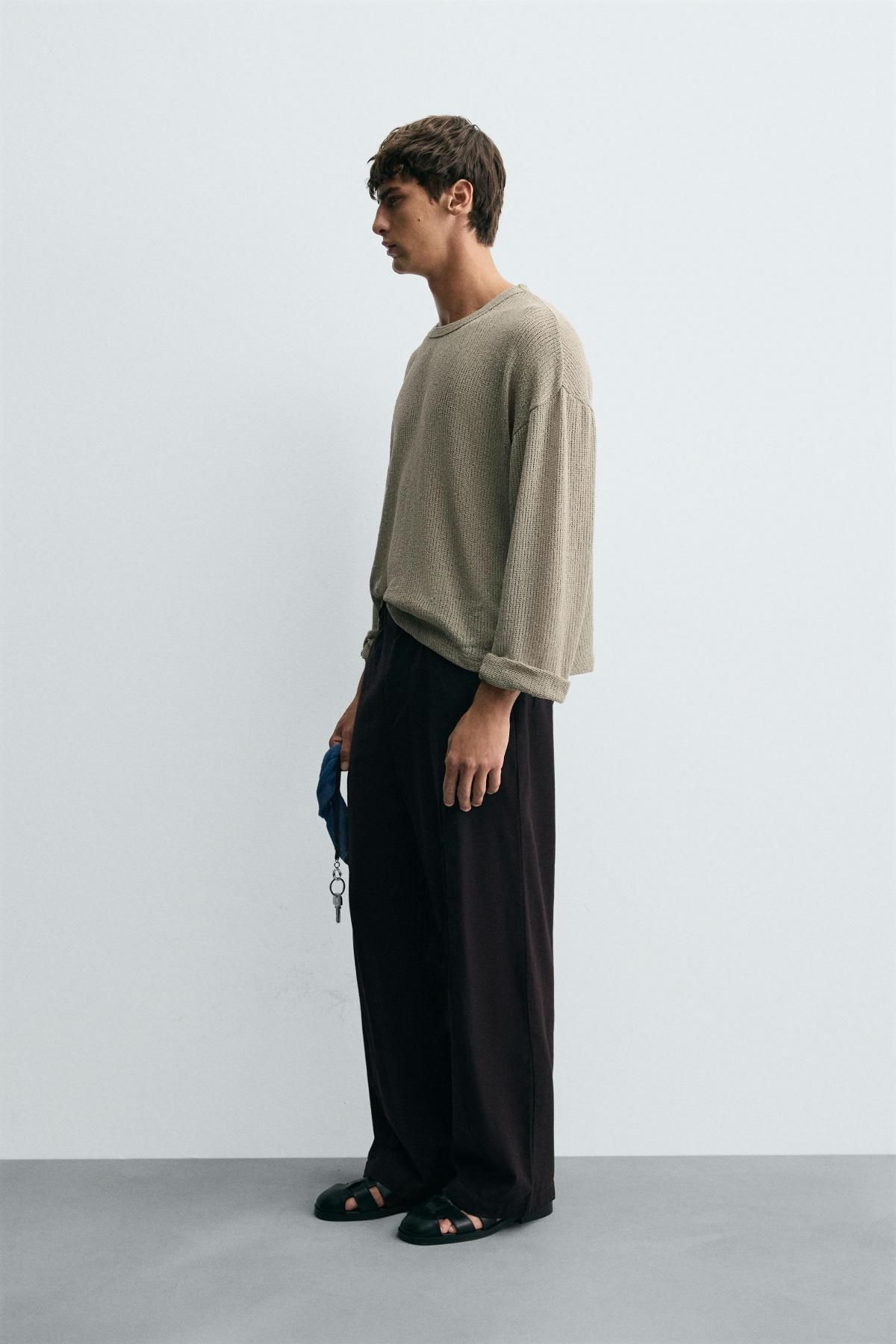 자라 오픈워크 텍스처 라운드넥 긴팔 티셔츠 3992/305 BROWN / TAUPE - 상세 이미지 5