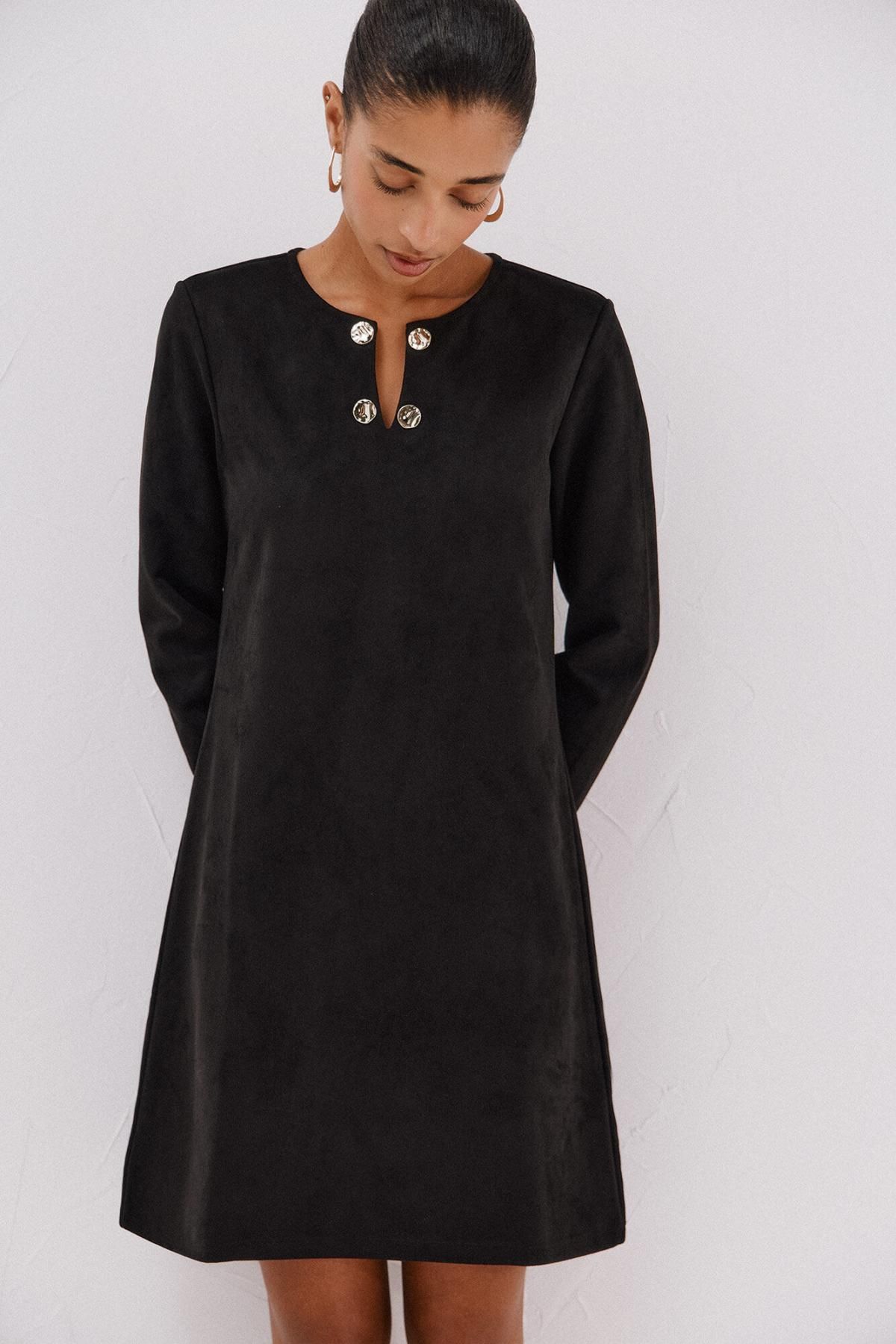 꼬르떼피엘 스웨이드 골드 버튼 미니 원피스 5202684 NEGRO - 상품 이미지