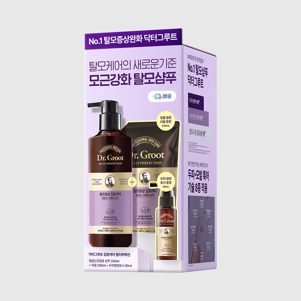 [N단독 대용량]닥터그루트 멀티퍼펙션 탈모증상집중케어 힘없는모발용 샴푸 330ml+리필330ml+(증정)두피토닉50ml+클리니컬 릴리프샴푸50ml