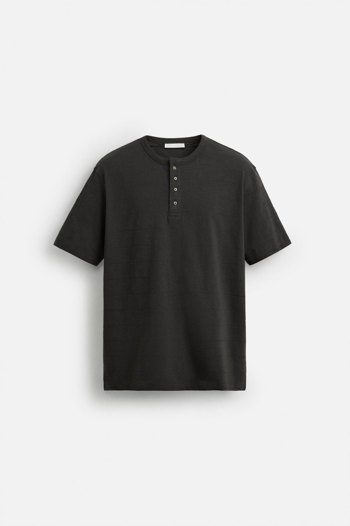 자라 스트라이프 버튼넥 레귤러핏 코튼 반팔 티셔츠 9240/301 KHAKI - 메인 이미지