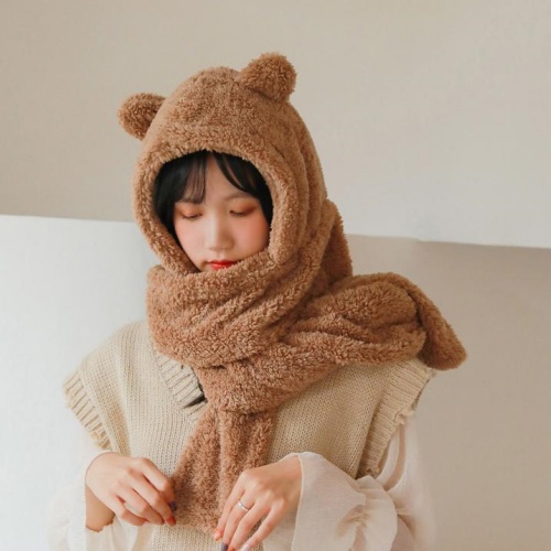곰돌이 후드 머플러 모자 목돌이 - 상품 이미지