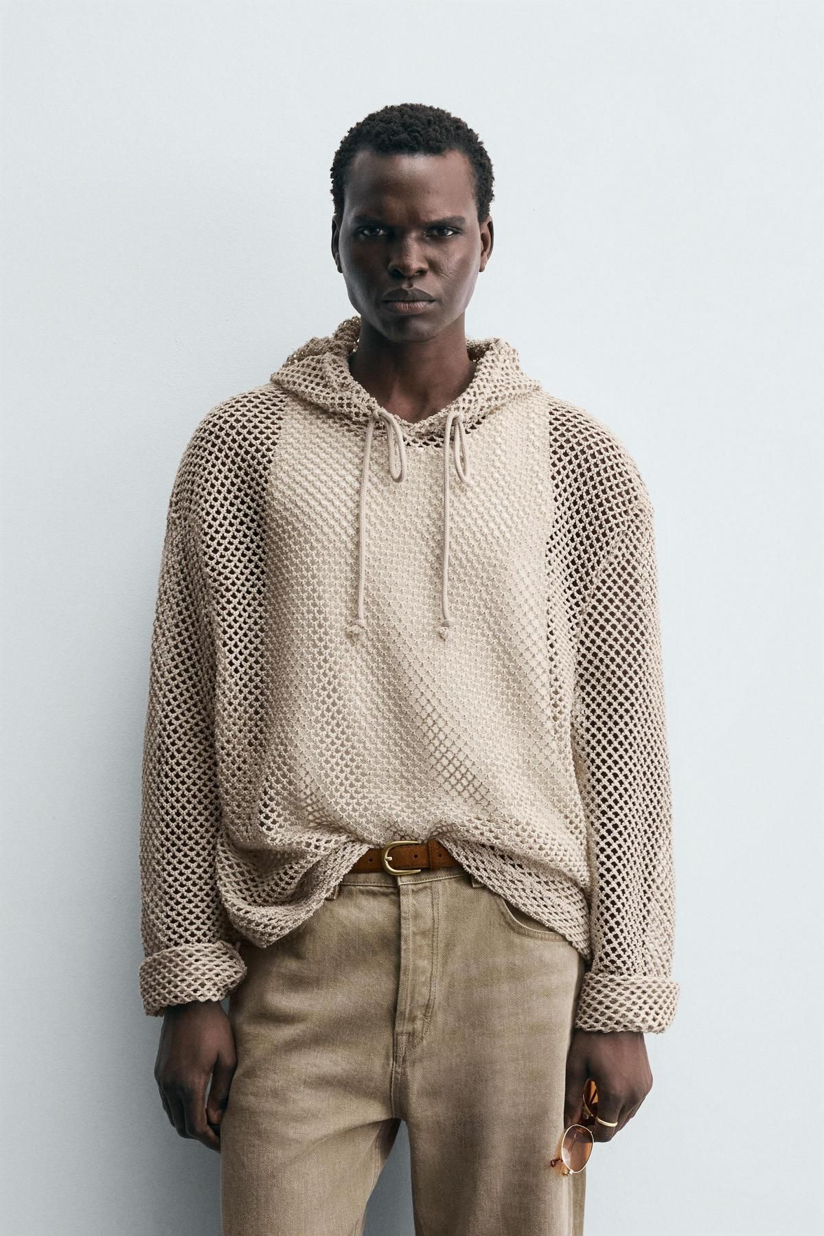 자라 크로셰텍스쳐 오픈니트 후드 스웨트셔츠 5584/398 TAUPE GREY - 상세 이미지 3