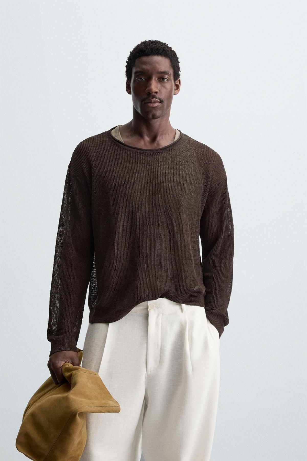 자라 리넨 블렌드 텍스처드 라운드 니트 스웨터 9598/302 BROWN - 상세 이미지 3