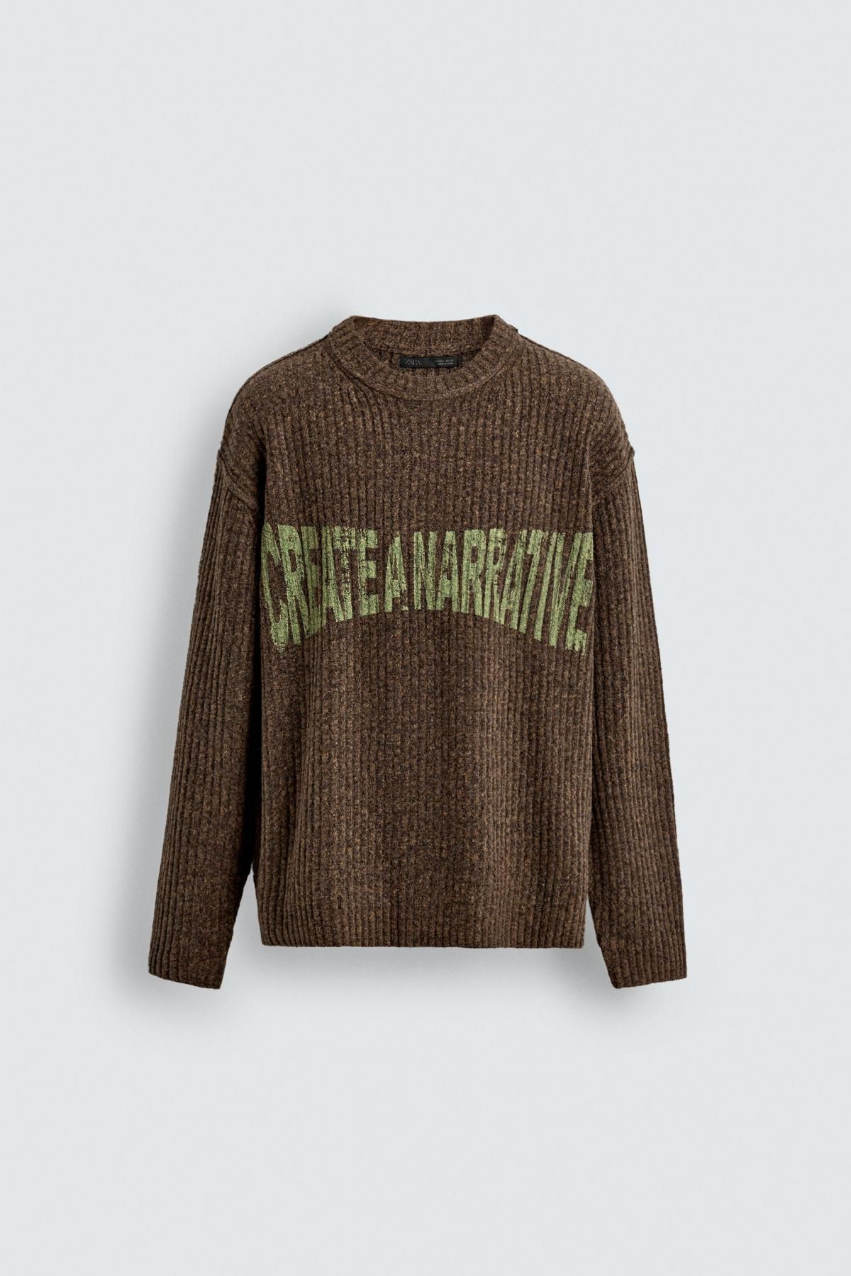 자라 라운드넥 브라운 슬로건 골지 니트 스웨터 3920/160 BROWN - 메인 이미지