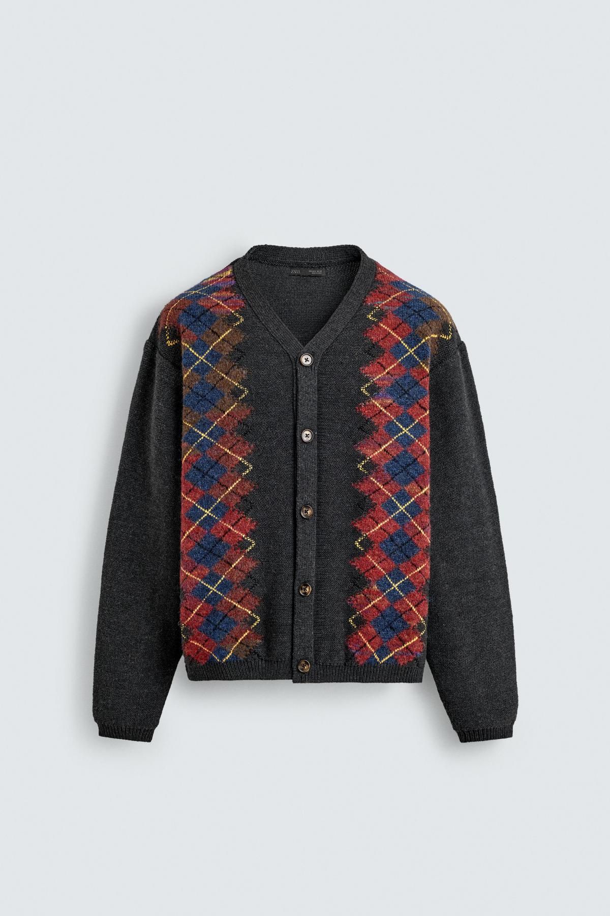 자라 아가일 패턴 브이넥 크롭 니트 가디건 0048/320 ANTHRACITE GREY - 상품 이미지