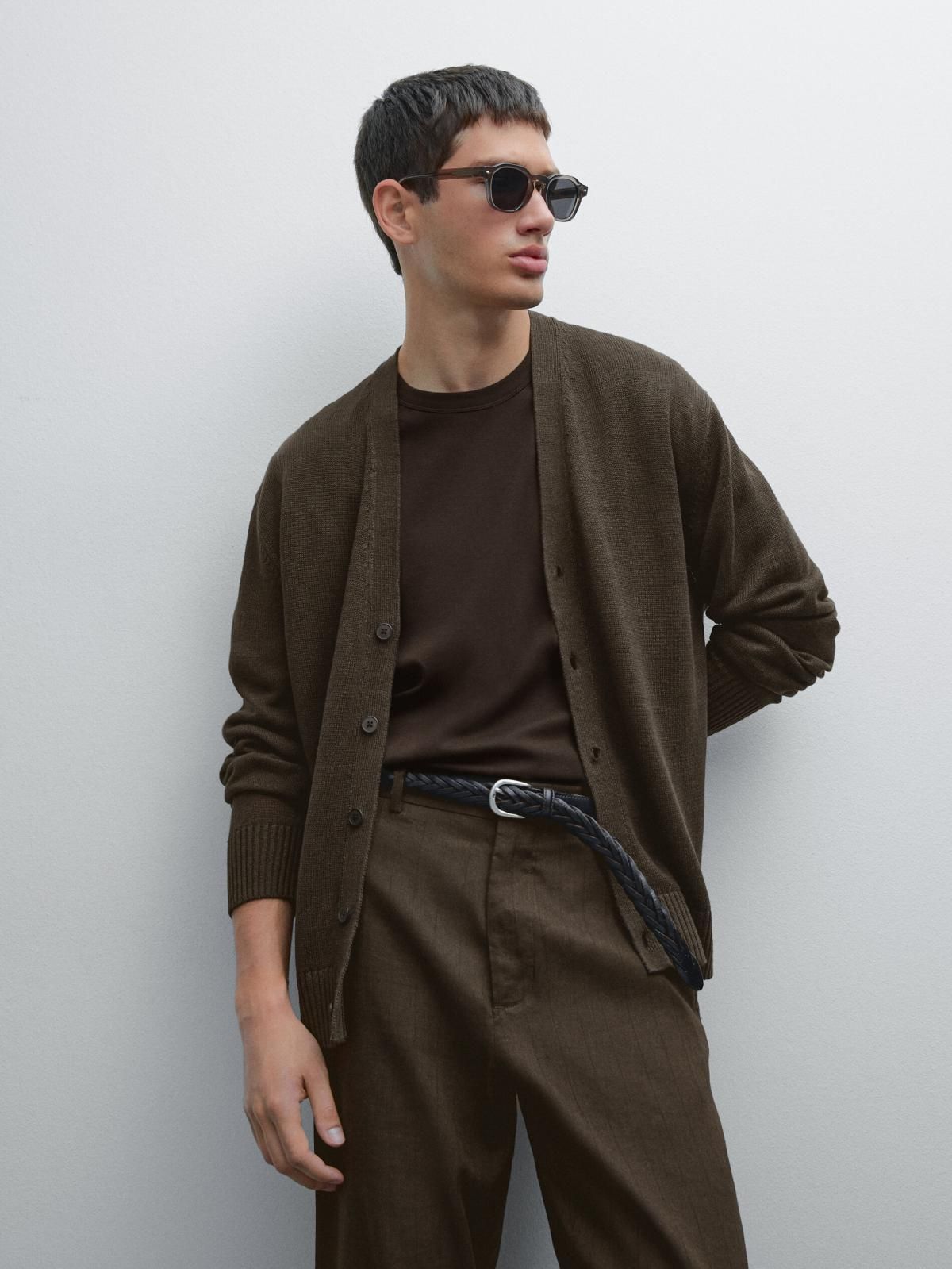 마시모두띠 프리미엄 리넨블렌드 브이넥 니트 카디건 0956/203 BROWN - 상세 이미지 3