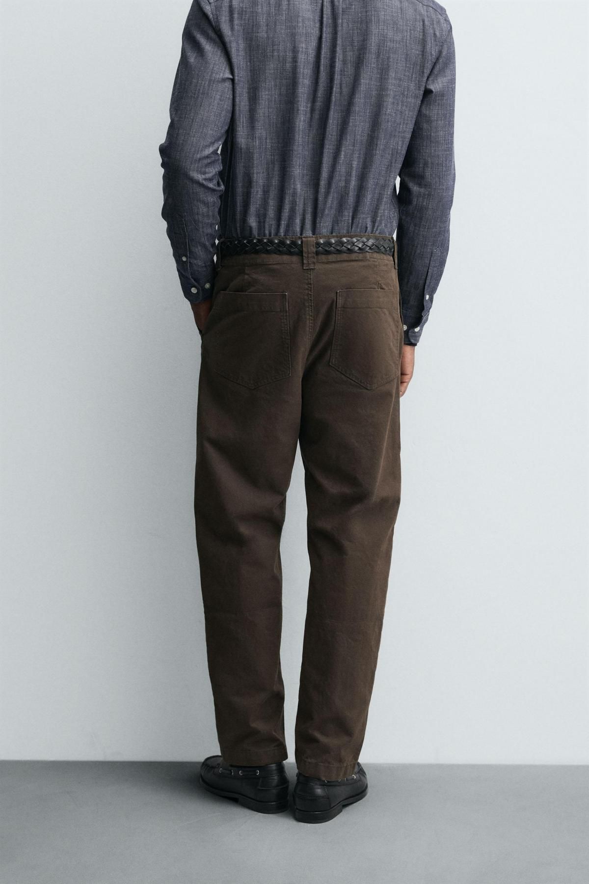 자라 워시드 코튼 스트레이트핏 팬츠 7147/435 BROWN - 상세 이미지 3