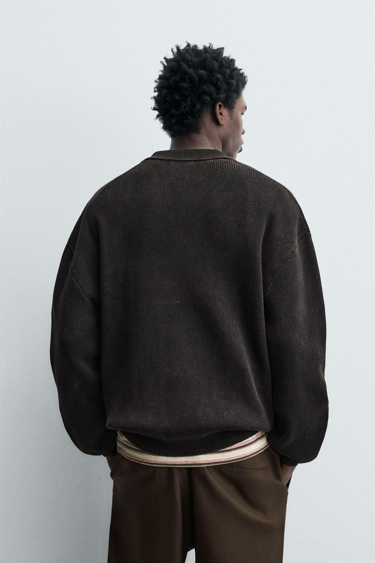 자라 워시드 테크니컬 긴팔 니트 폴로셔츠 3284/340 BROWN - 상세 이미지 4