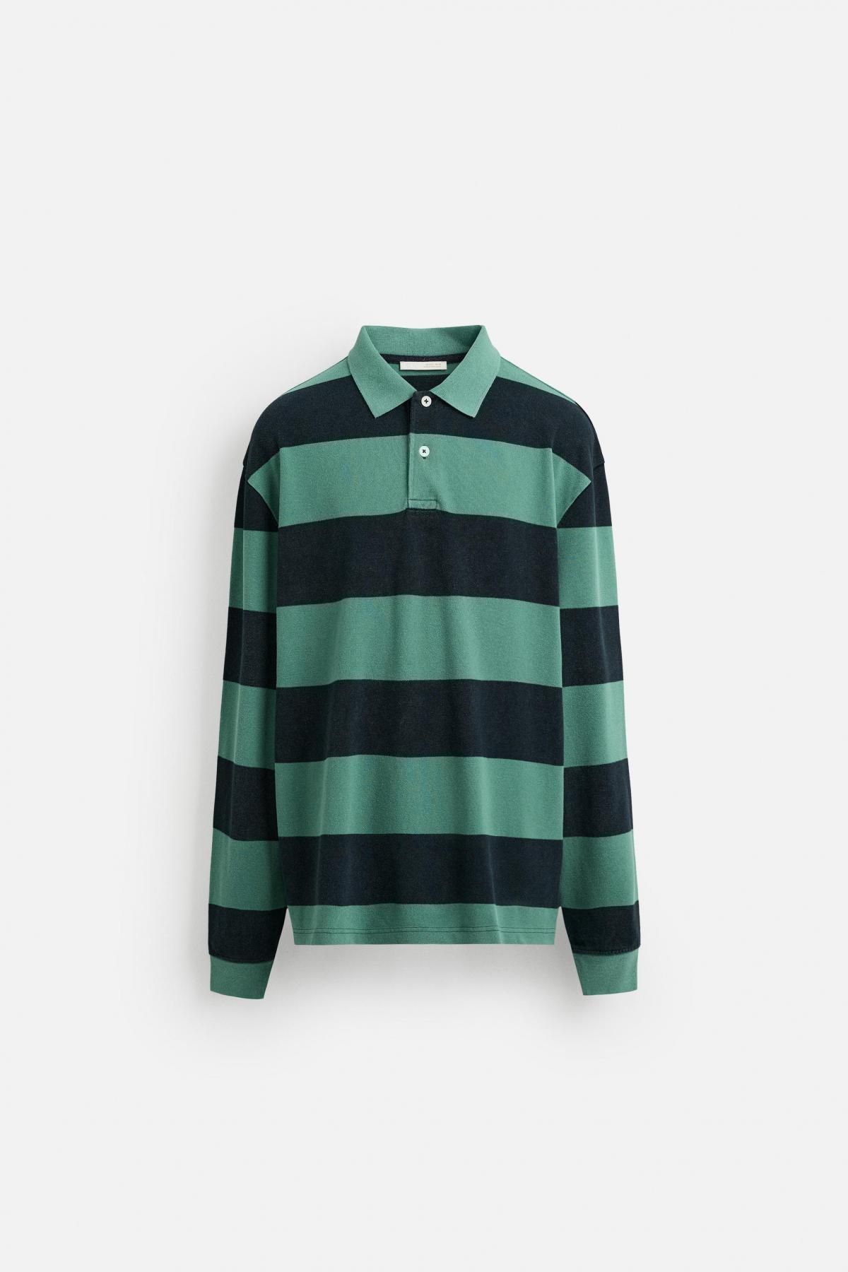 자라 스트라이프 워시드 테크니컬 긴팔 폴로셔츠 4092/313 GREEN / BLUE - 메인 이미지