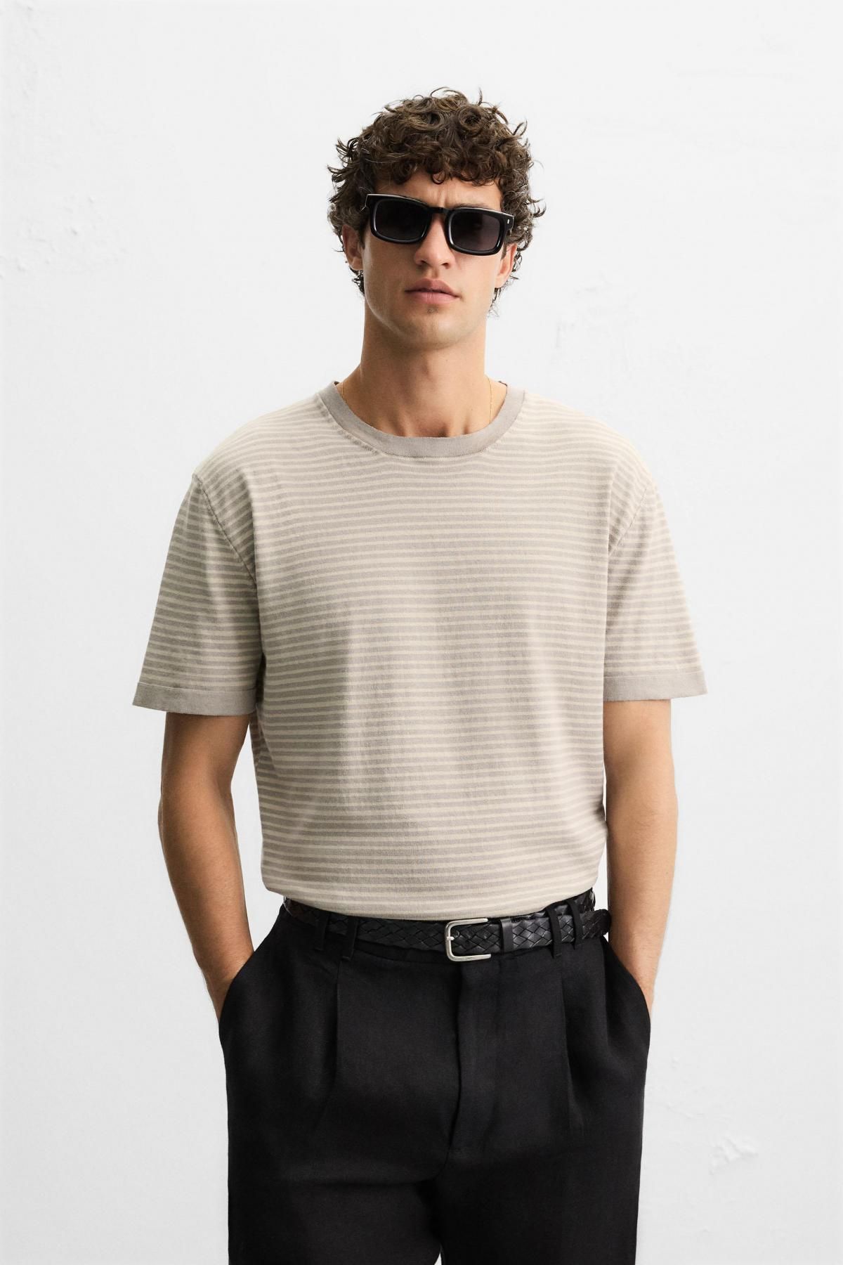 자라 스트라이프 코튼 리넨 반팔 니트 티셔츠 3003/305 GREY / BEIGE - 상세 이미지 3
