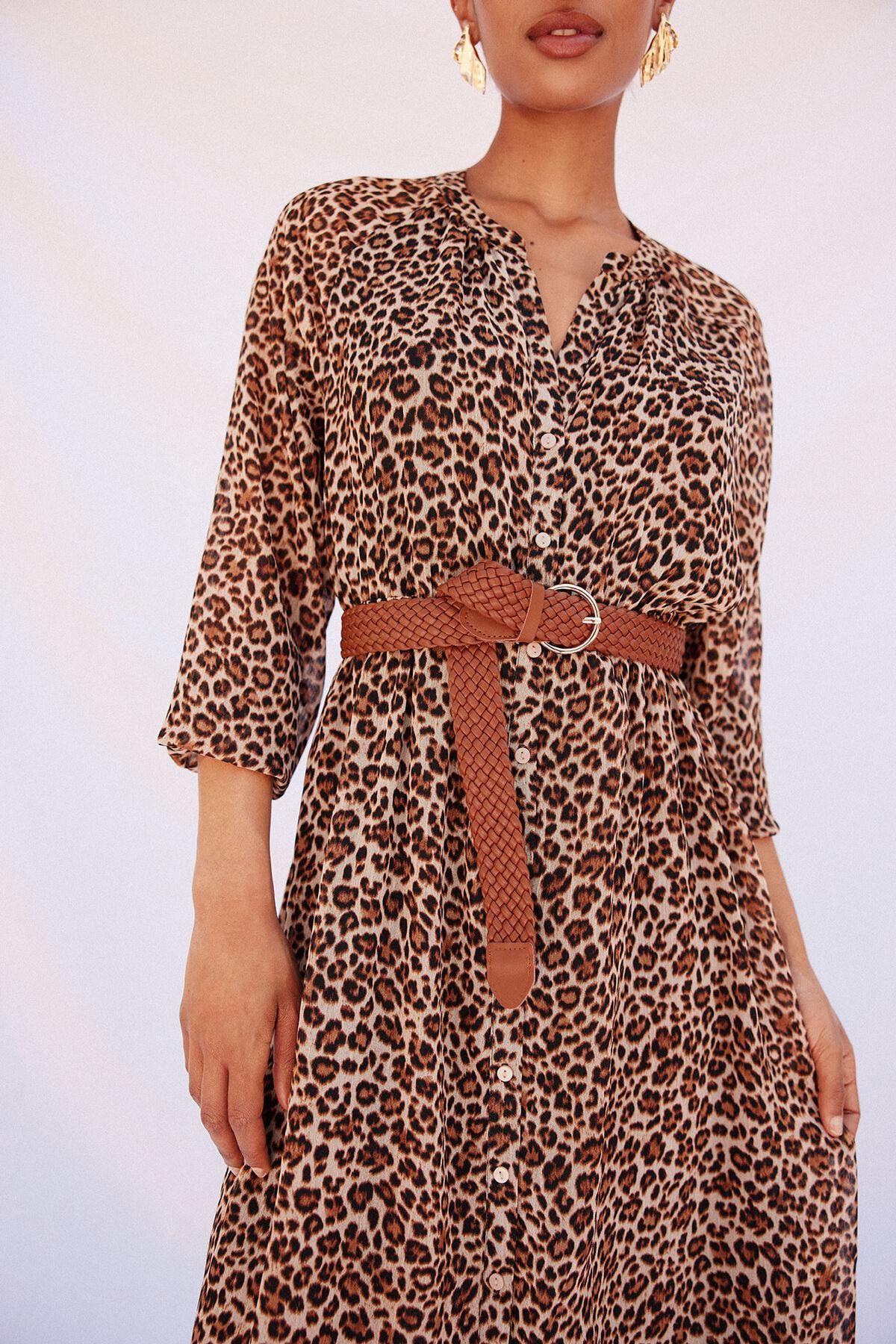 꼬르떼피엘 레오파드 벨트 브이넥 롱 원피스 1872508 ESTAMPADO MARRON - 상세 이미지 3