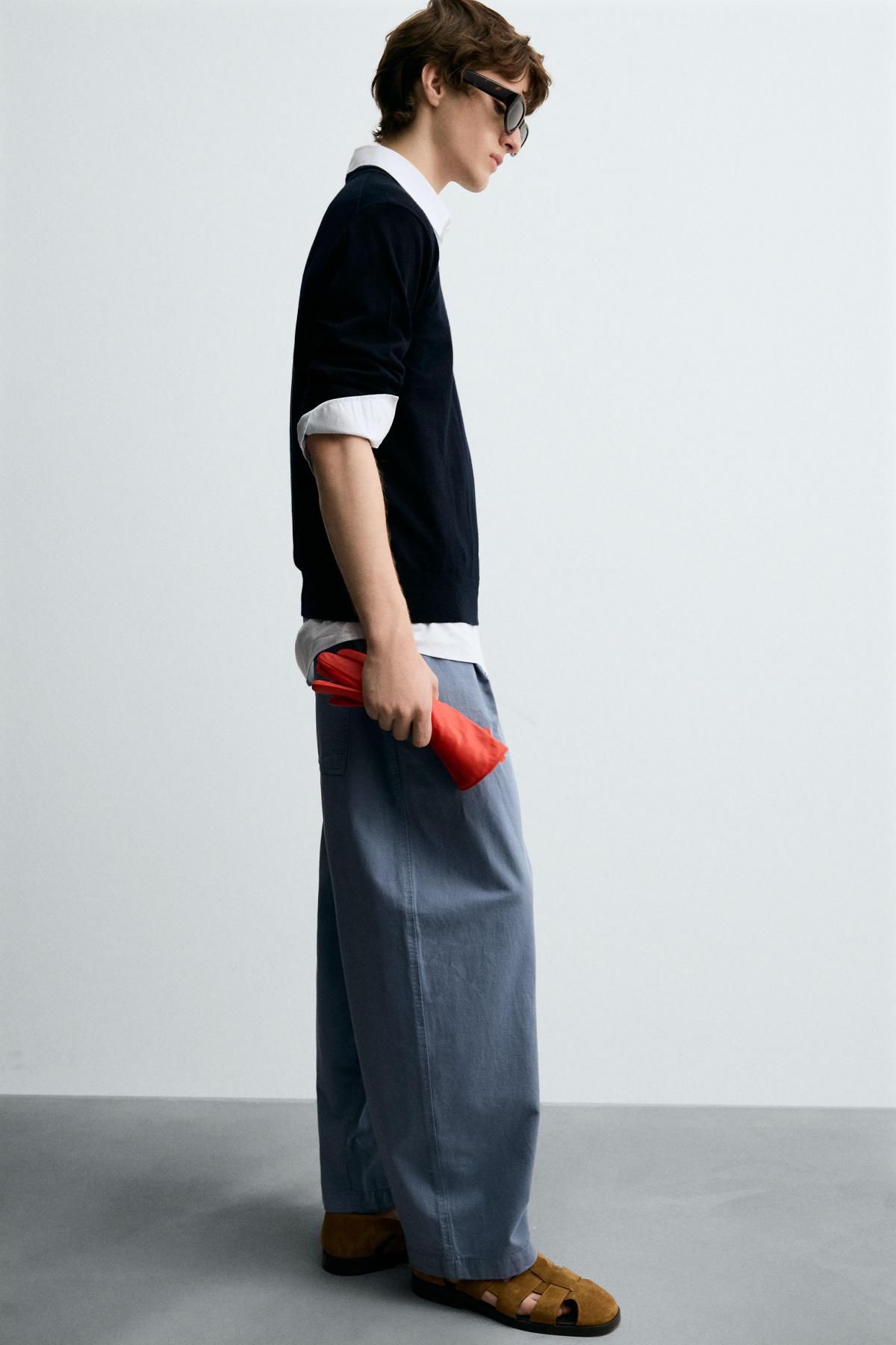 자라 테크니컬 와이드 배기핏 코튼 린넨 플리츠 팬츠 6861/966 GREY / BLUE - 상세 이미지 5