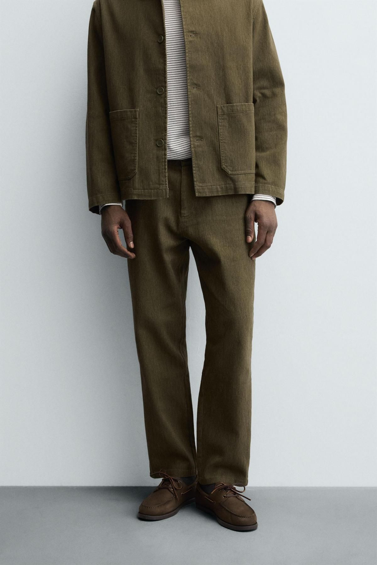 자라 텍스처 코튼 스트레이트 팬츠 4391/325 GREEN - 상품 이미지