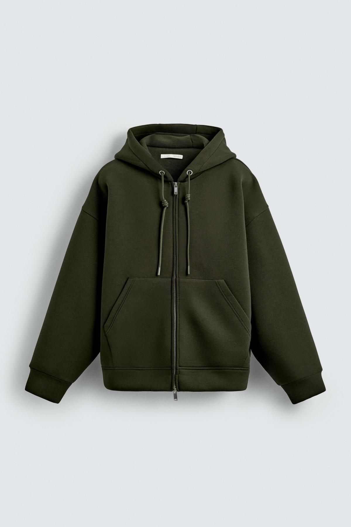 자라 테크니컬 오버사이즈핏 인터록 후드 집업 1437/360 DARK GREEN - 상품 이미지