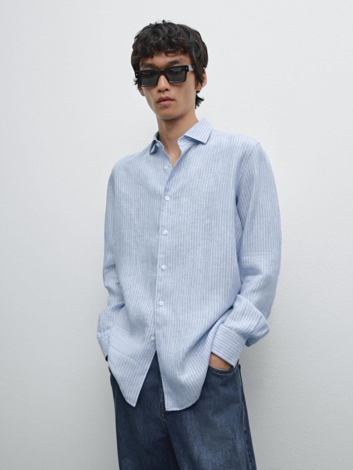 마시모두띠 리넨 스트라이프 레귤러핏 남성 긴팔 셔츠 0144/723 SKY BLUE - 상세 이미지 3
