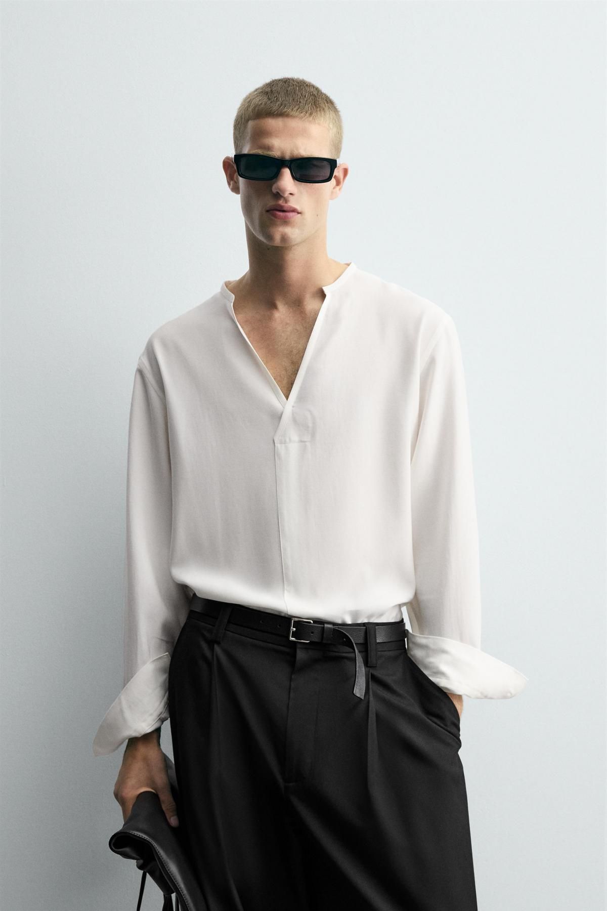 자라 모달브렌드 브이넥 릴렉스핏 긴팔 셔츠 5985/167 OYSTER-WHITE - 상세 이미지 3