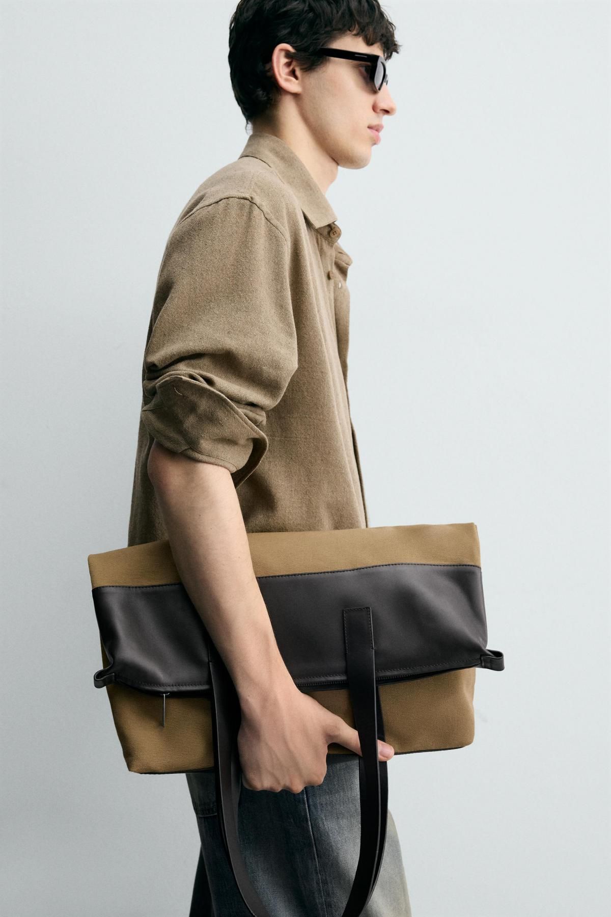 자라 베이직 레더 디테일 캔버스 토트백 3345/620 BEIGE - 상세 이미지 3