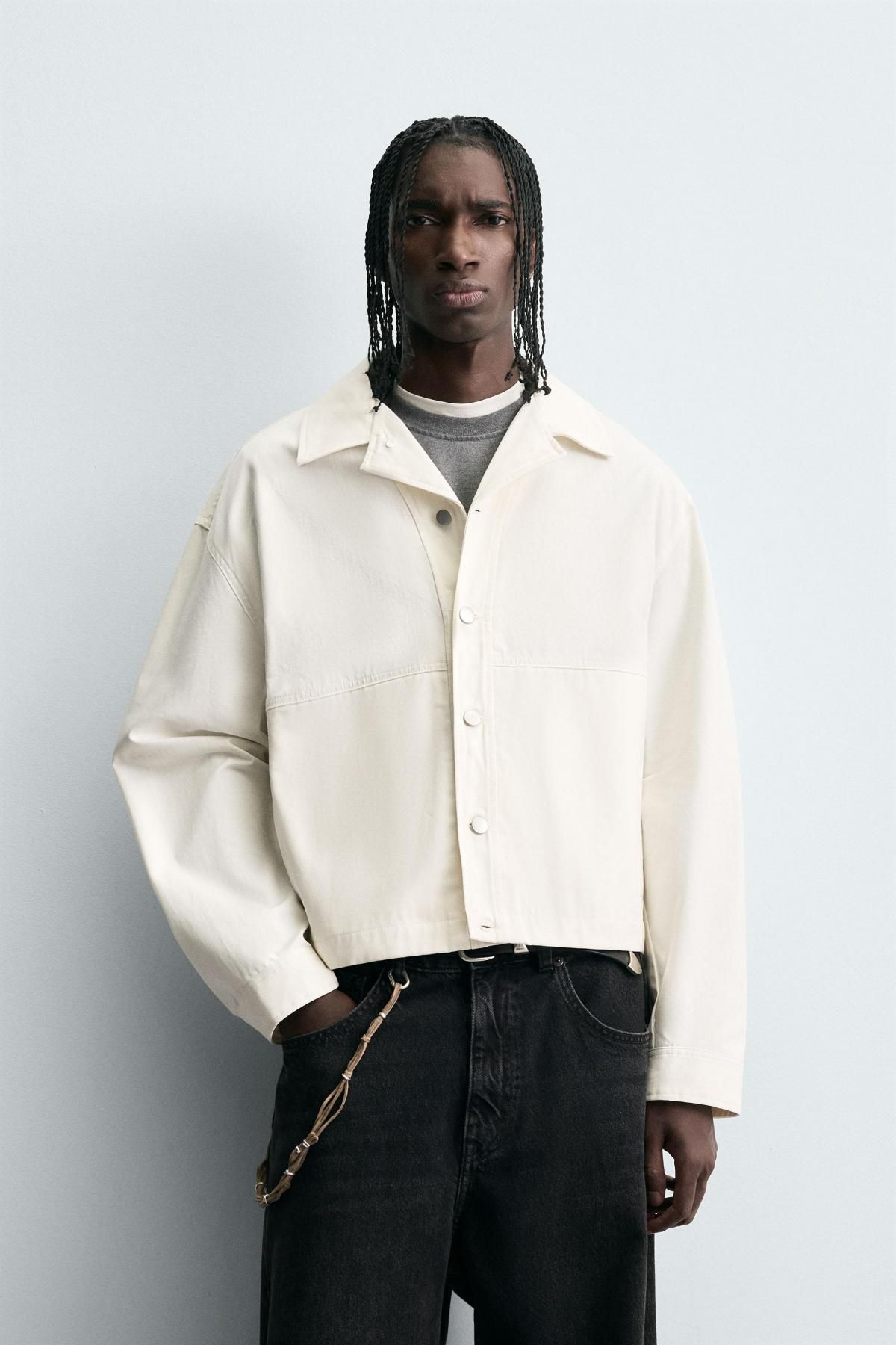 자라 아이보리 캔버스 텍스처 크롭핏 오버셔츠 4391/701 OYSTER-WHITE - 상세 이미지 3