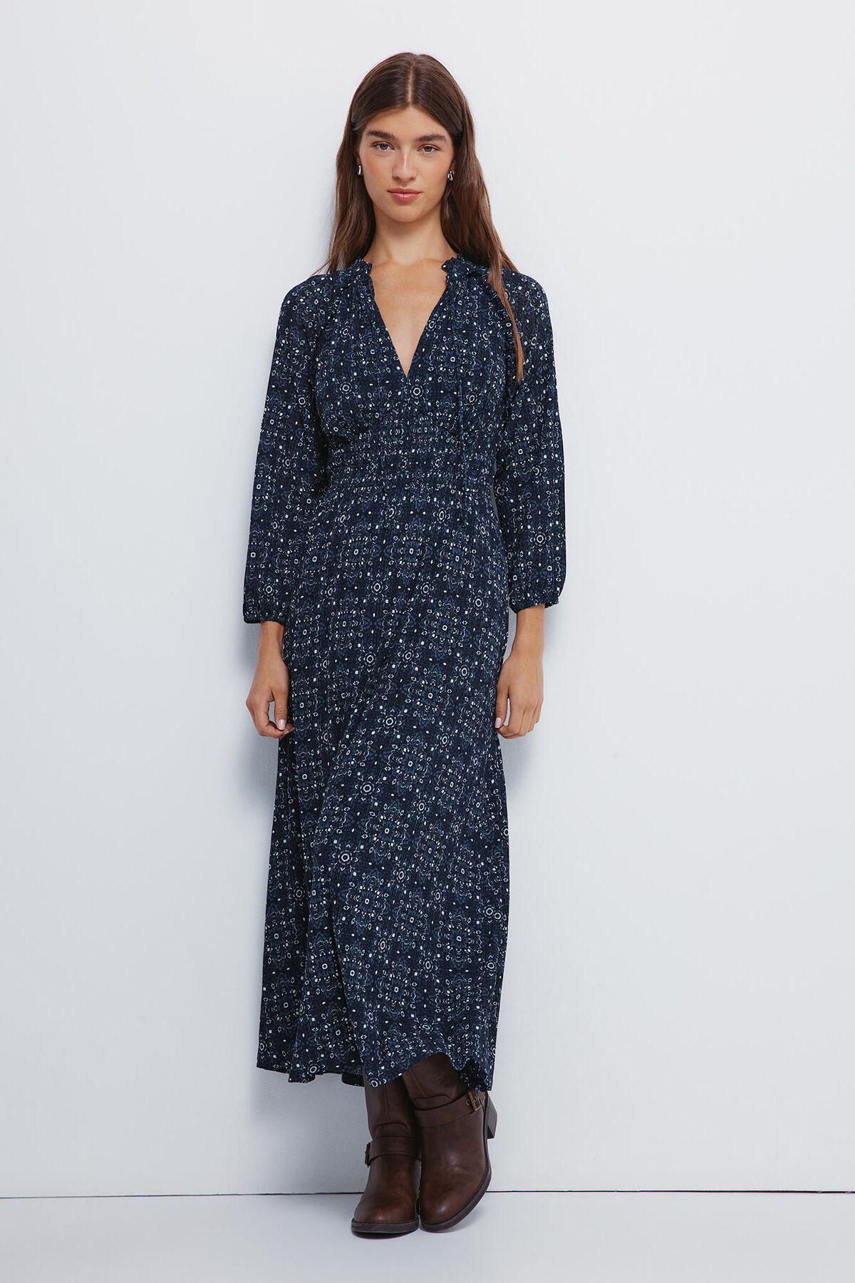 스프링필드 지오메트릭 패턴 브이넥 미디 원피스 8952083 AZUL - 상품 이미지