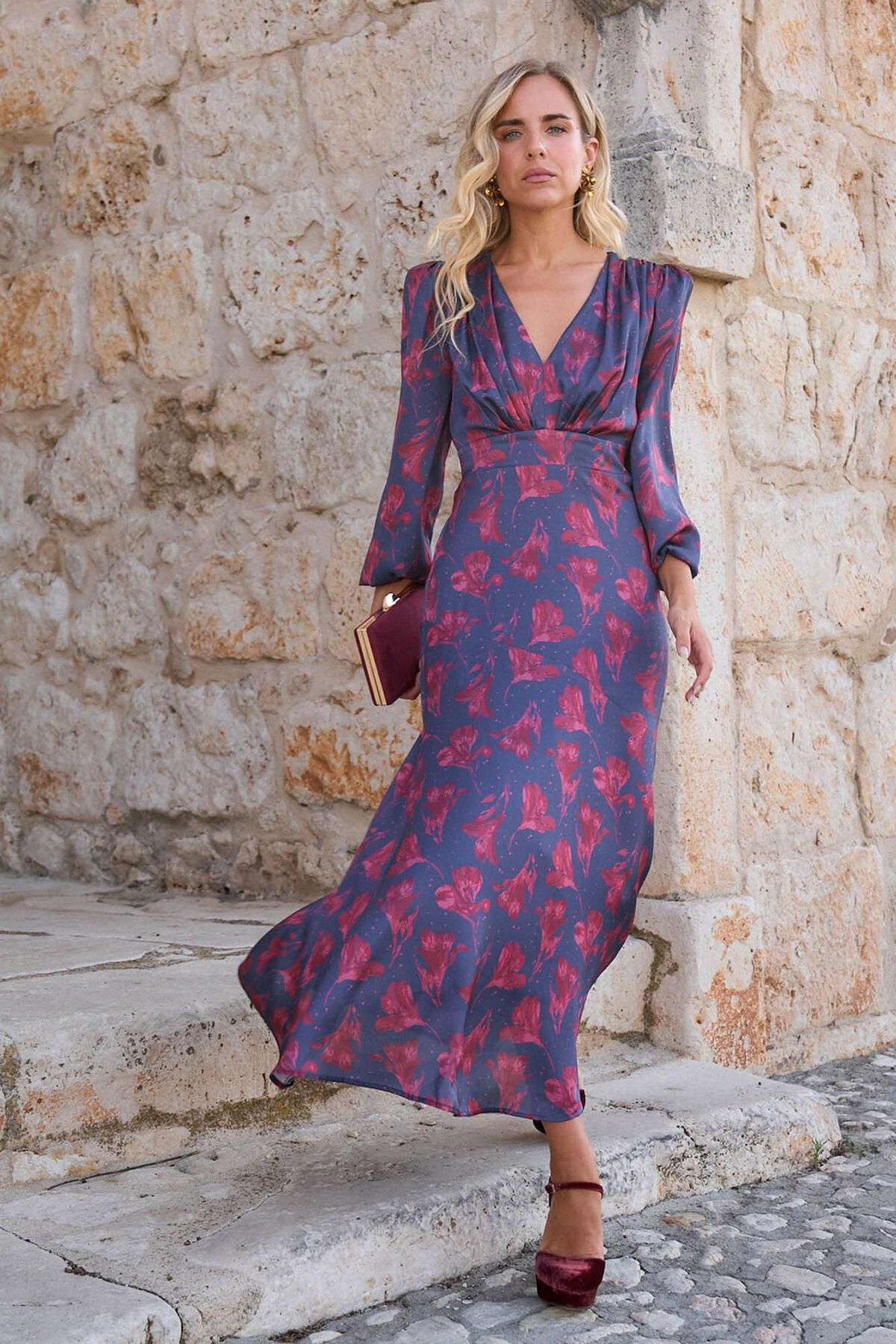 폴린에무아 플로럴 브이넥 퍼프소매 롱 원피스 6442313 AZUL OSCURO - 상품 이미지