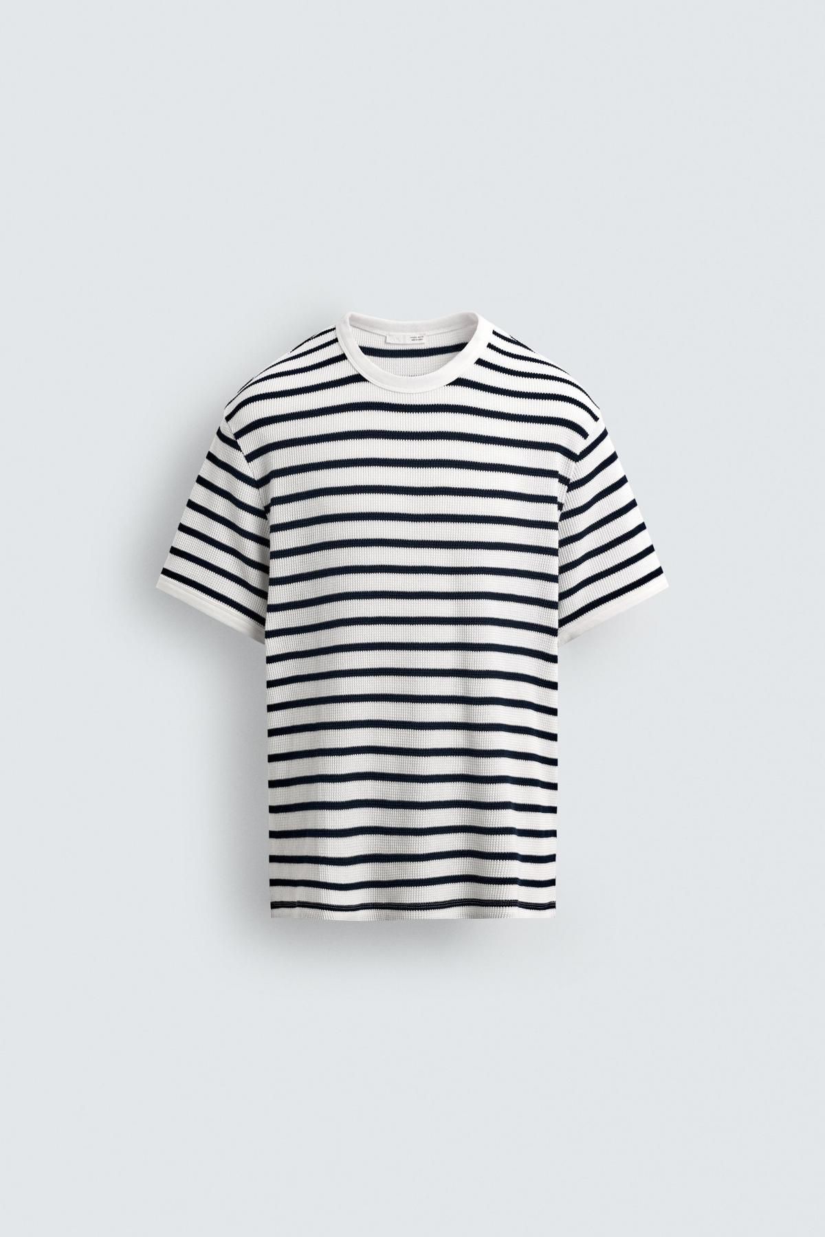 자라 스트라이프 와플 텍스처 반팔 티셔츠 0761/367 ECRU / NAVY - 메인 이미지