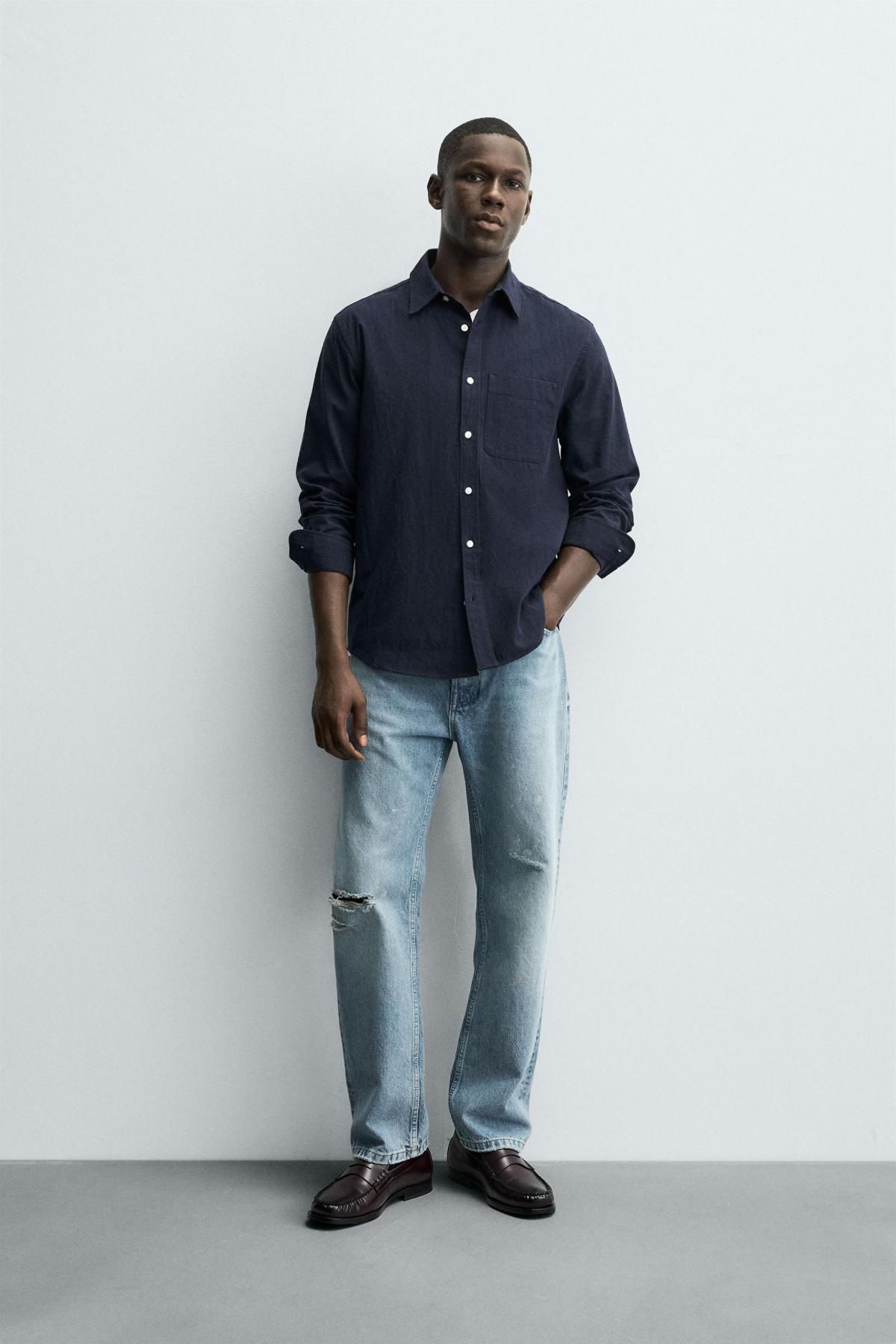자라 워시드 스트라이프 레귤러핏 테크니컬 긴팔 셔츠 5917/117 NAVY BLUE - 상세 이미지 2