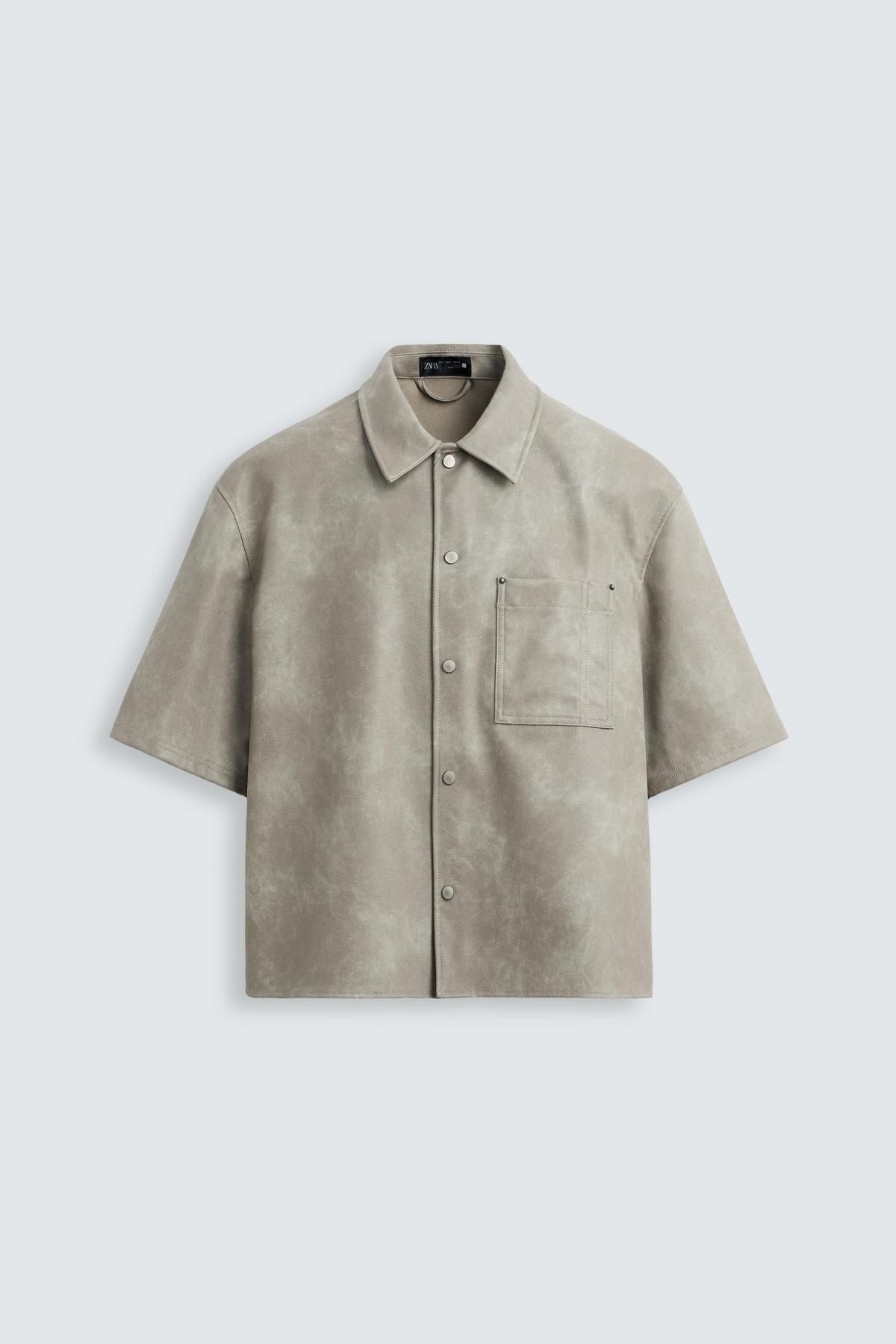 자라 레더 이펙트 오버핏 반팔 오버셔츠 5070/308 GREY / NATURAL - 상품 이미지