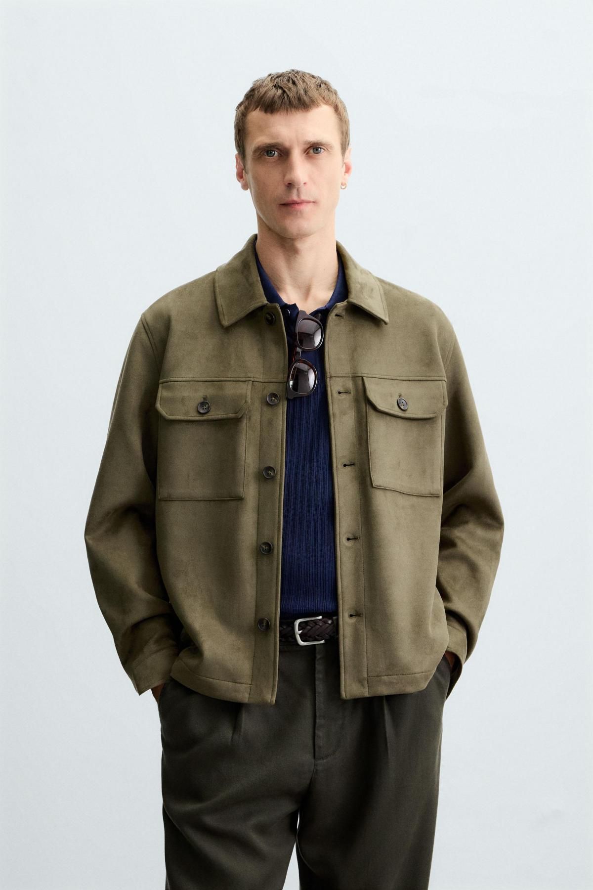 자라 테크니컬 페이크 스웨이드 오버셔츠 3046/500 OLIVE GREEN - 상세 이미지 3