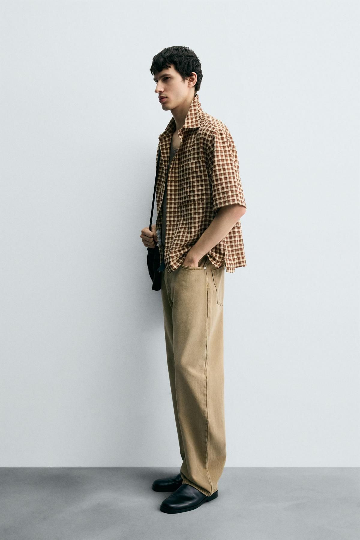 자라 체크 텍스처 오버핏 반팔 셔츠 1195/350 ECRU / BROWN - 상세 이미지 5