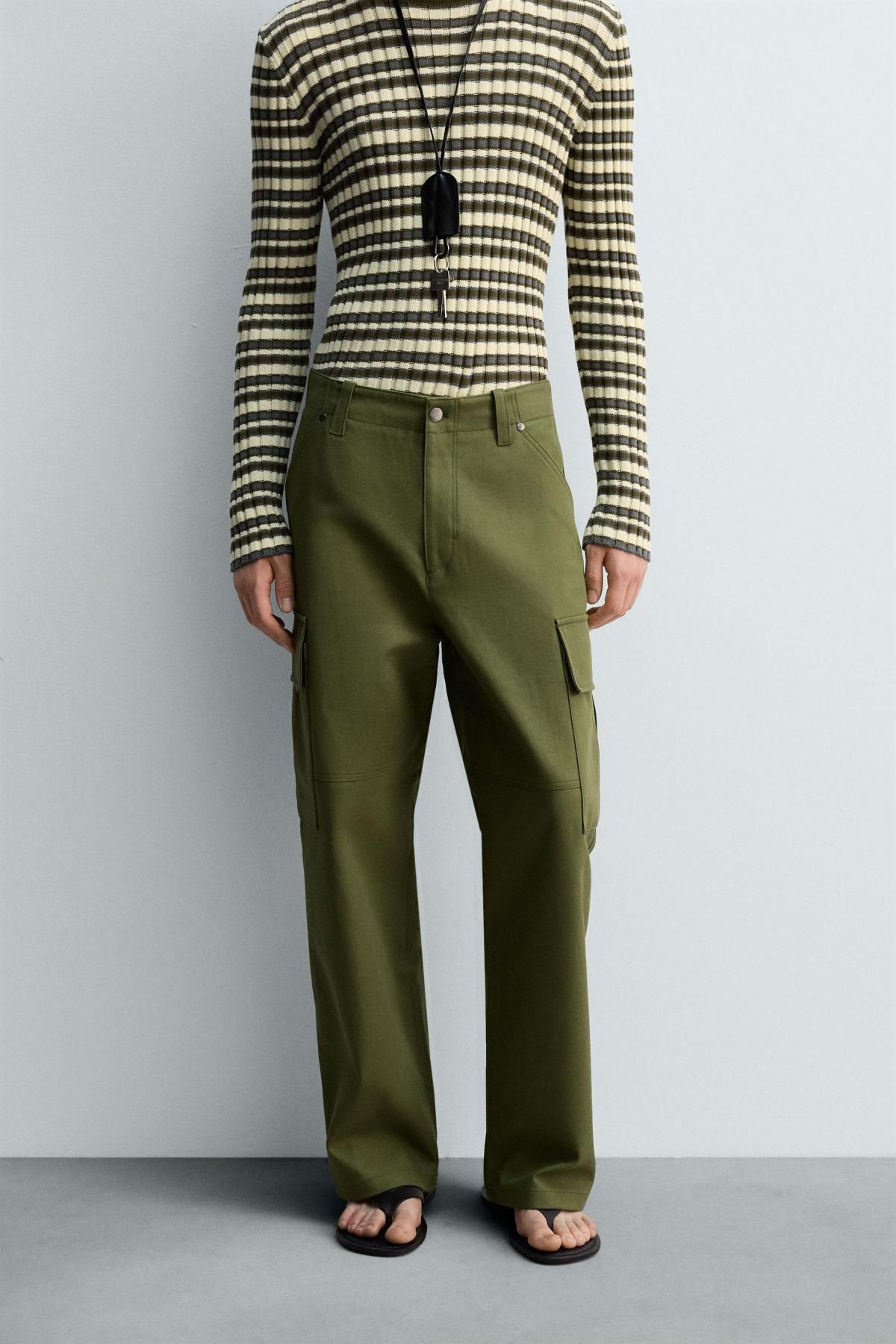 자라 테크니컬 컴팩트 코튼 트윌 카고 와이드 팬츠 5852/320 KHAKI - 상품 이미지