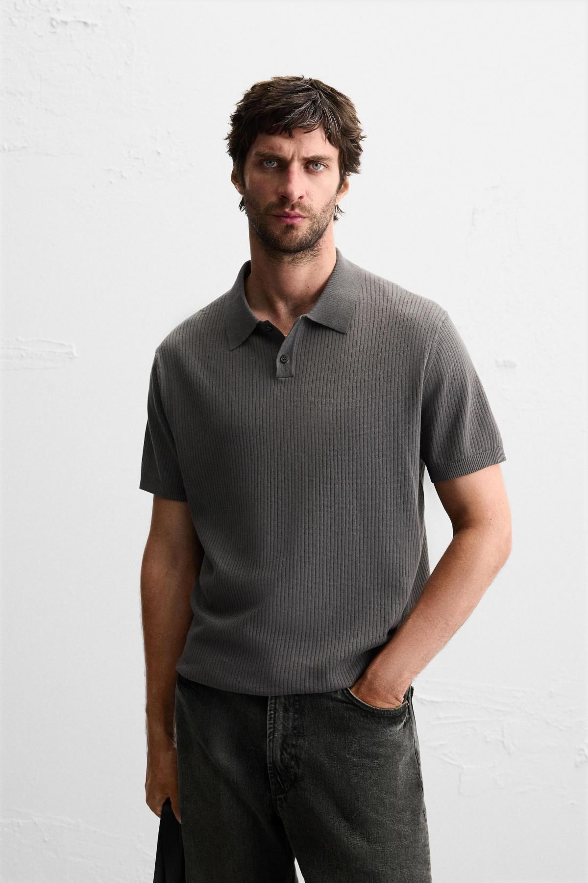 자라 미니멀 다크그레이 코튼 골지 니트 폴로셔츠 2142/420 ANTHRACITE GREY - 상세 이미지 3